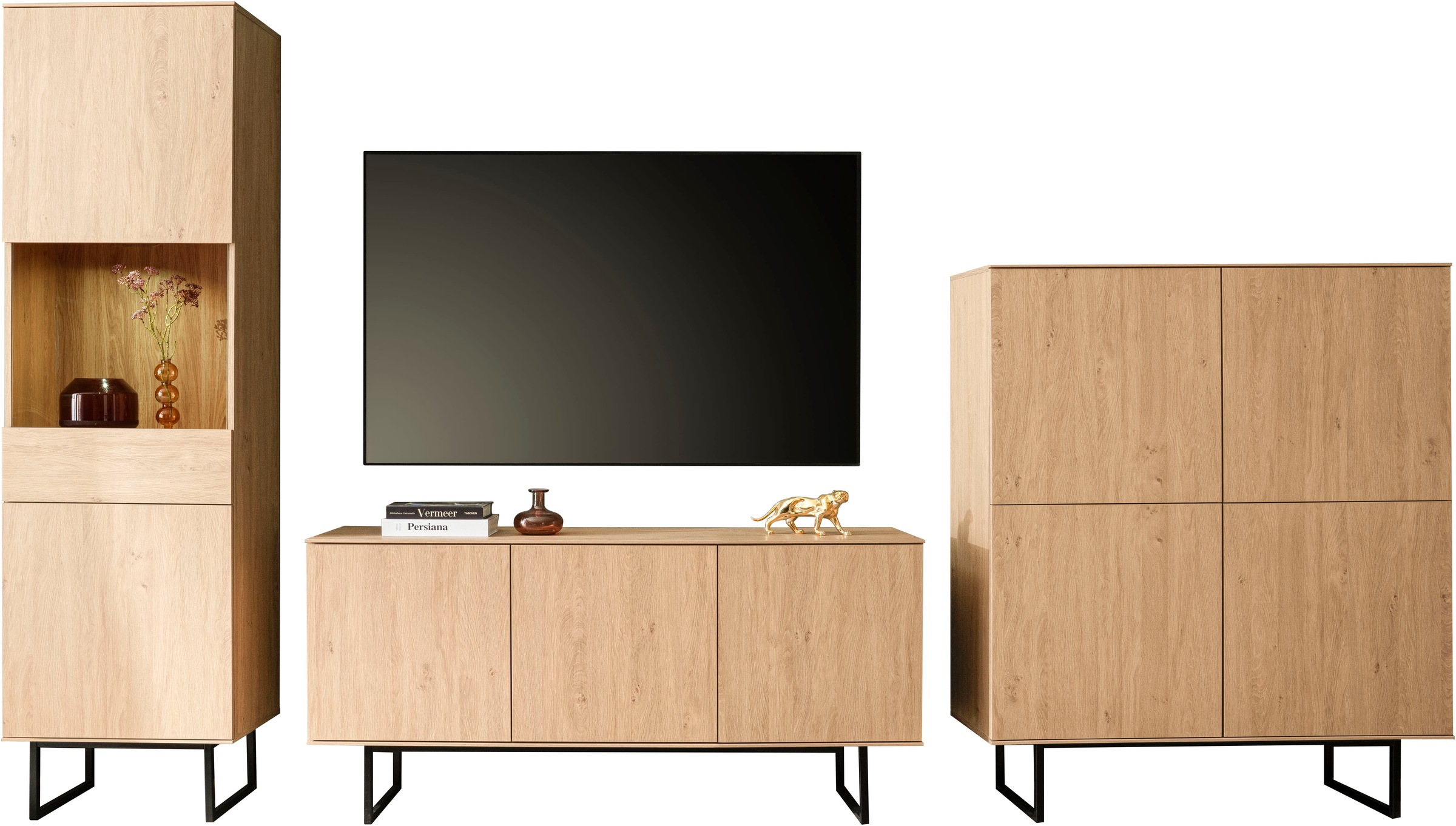 Home affaire Wohnwand "Lund, moderne Anbauwand, Wohnzimmer-Set in Stone Oak günstig online kaufen