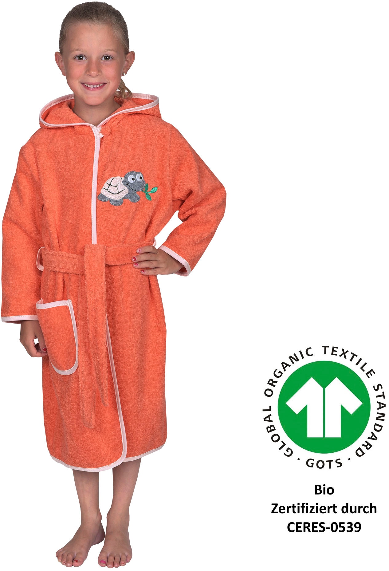 Kinderbademantel WÖRNER, L:60cm, rot, Baumwoll-Webfrottier, Hausmäntel, "Schildkröte", mit Stickerei, mit Tasche, maschinenwaschbar, trocknergeeignet