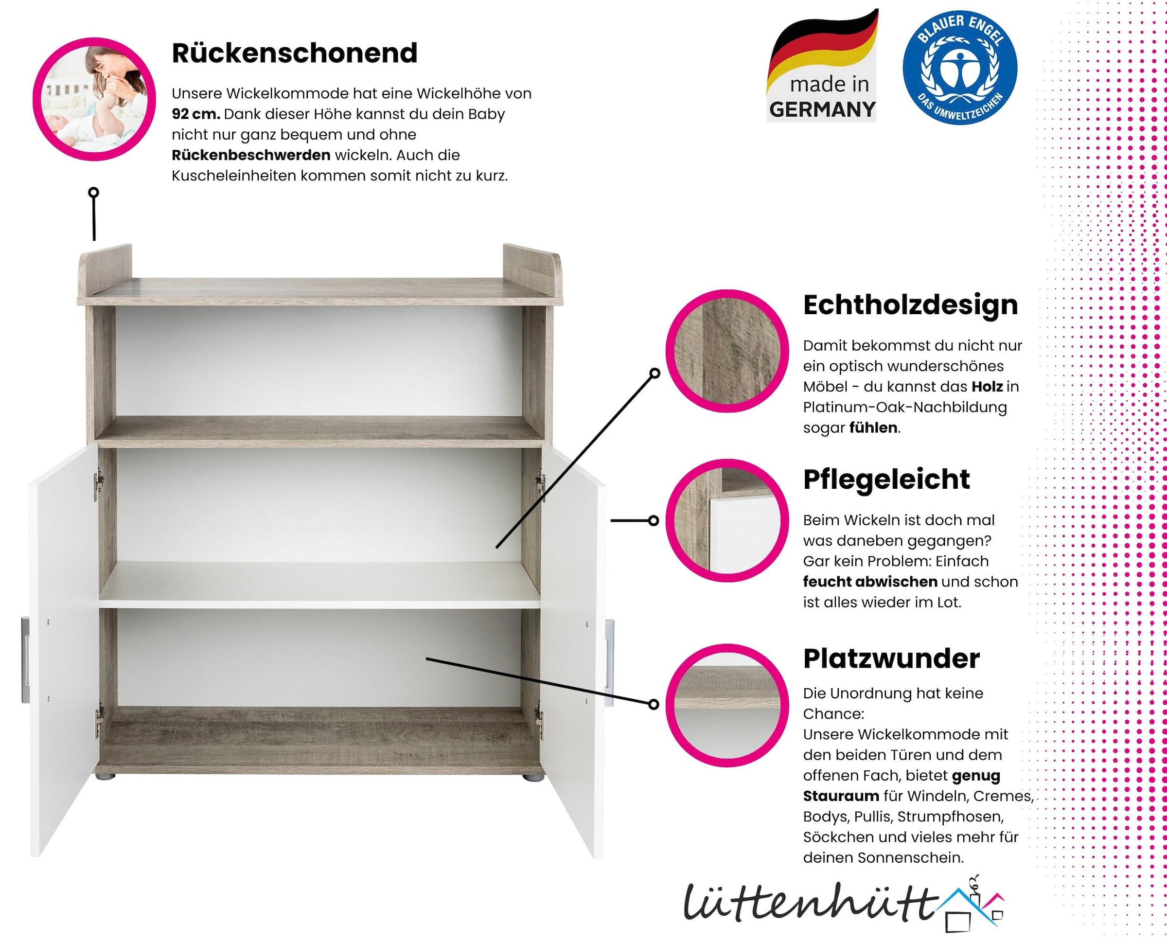 Lüttenhütt Babyzimmer-Komplettset »Henning«, (Set, 5 tlg., inkl. Lattenrost), Kleiderschrank, Kinderbett, Wickelkommode, Seiten und Wickelkomm-Regal