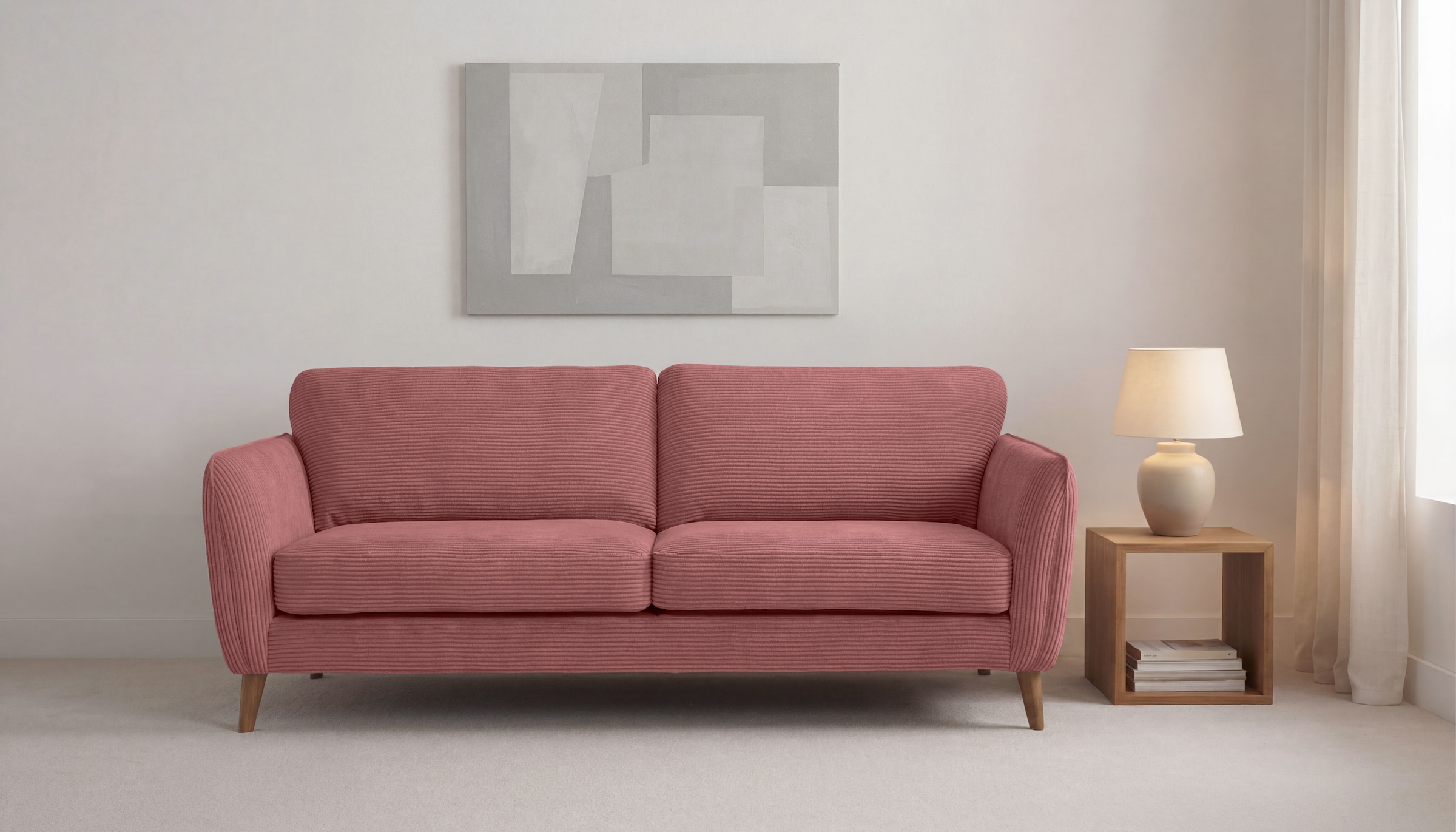 OTTO home 3-Sitzer "MARSEILLE 3er Sofa 206 cm, Cord, Flachgewebe, Struktur, Webstoff" Massivholzbeine Eiche, Landhausstil, Wellenunterfederung
