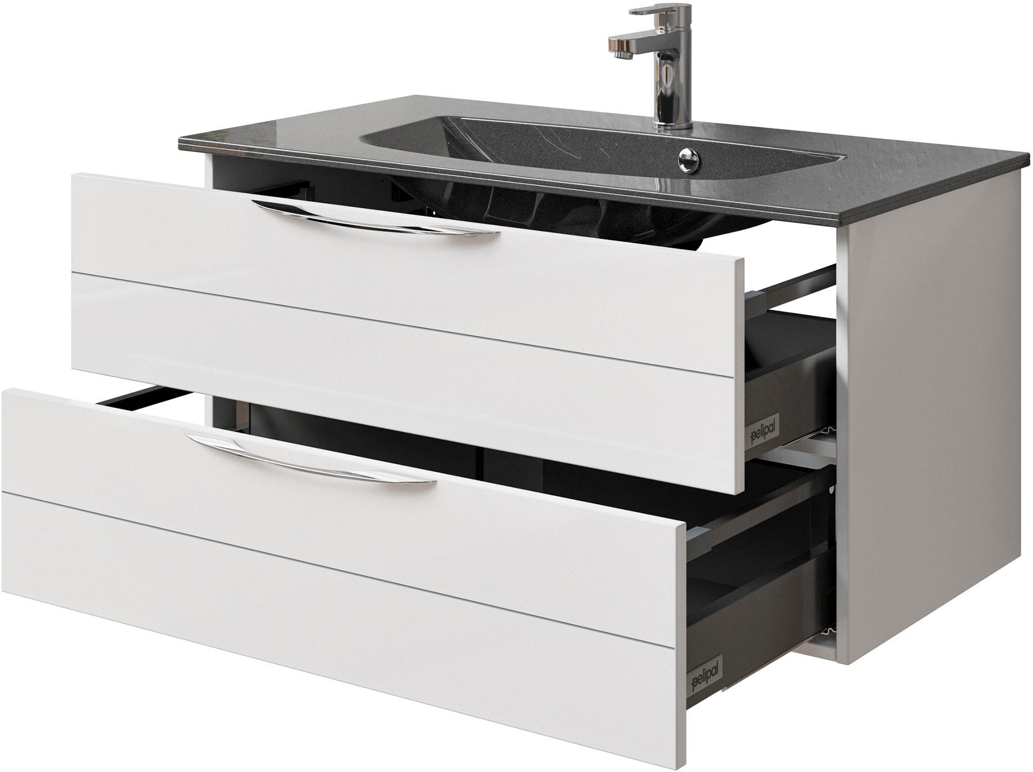 Saphir Badmöbel-Set »Serie 6025 2-teilig Mineralmarmor-Waschtisch mit LED-Spiegelschrank«, (2 St.), Waschplatz 97 cm breit, 2 Schubladen, 3 Spiegel-Türen, inkl Türdämpfer