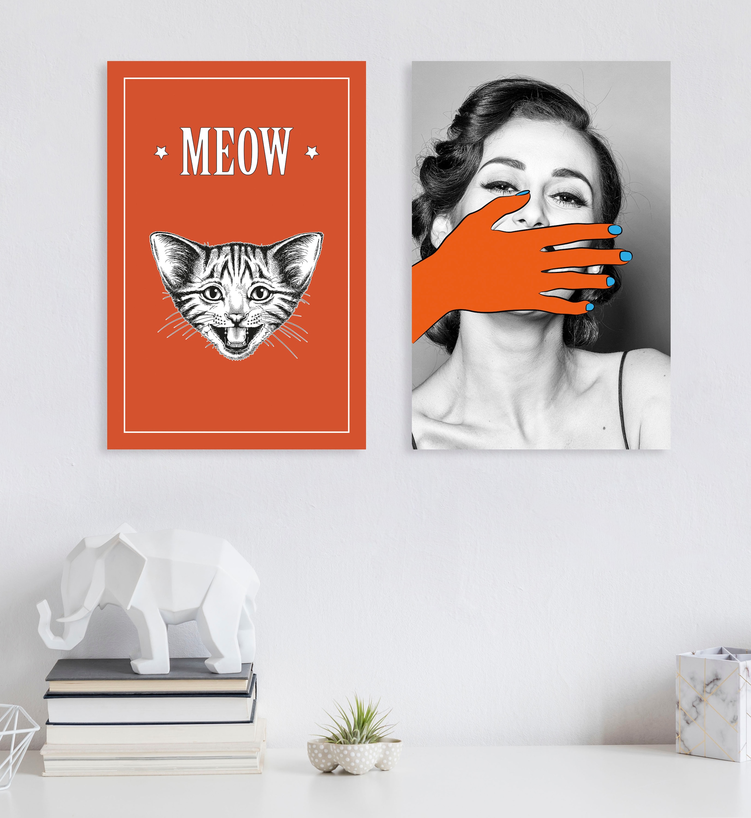 queence Leinwandbild »Katze MEOW«, Kunst-Modern-Schriftzug-Tiere-Katze-Katzen-Katzenbilder, Premium-Leinwandstoff, Handarbeit aus Deutschland
