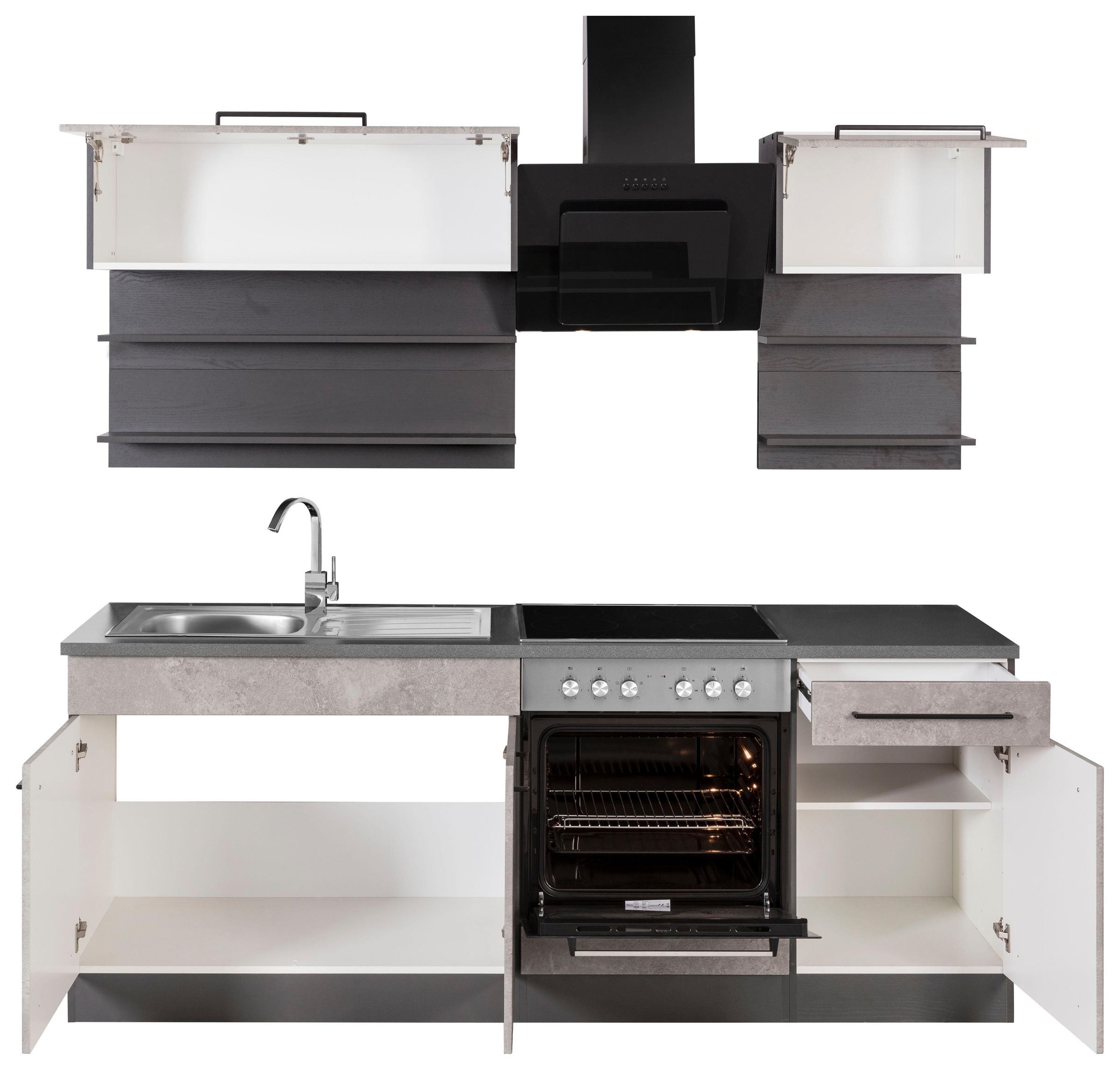 KOCHSTATION Küchenzeile »KS-Tulsa«, mit E-Geräten, Breite 210 cm, schwarze Metallgriffe, MDF Fronten