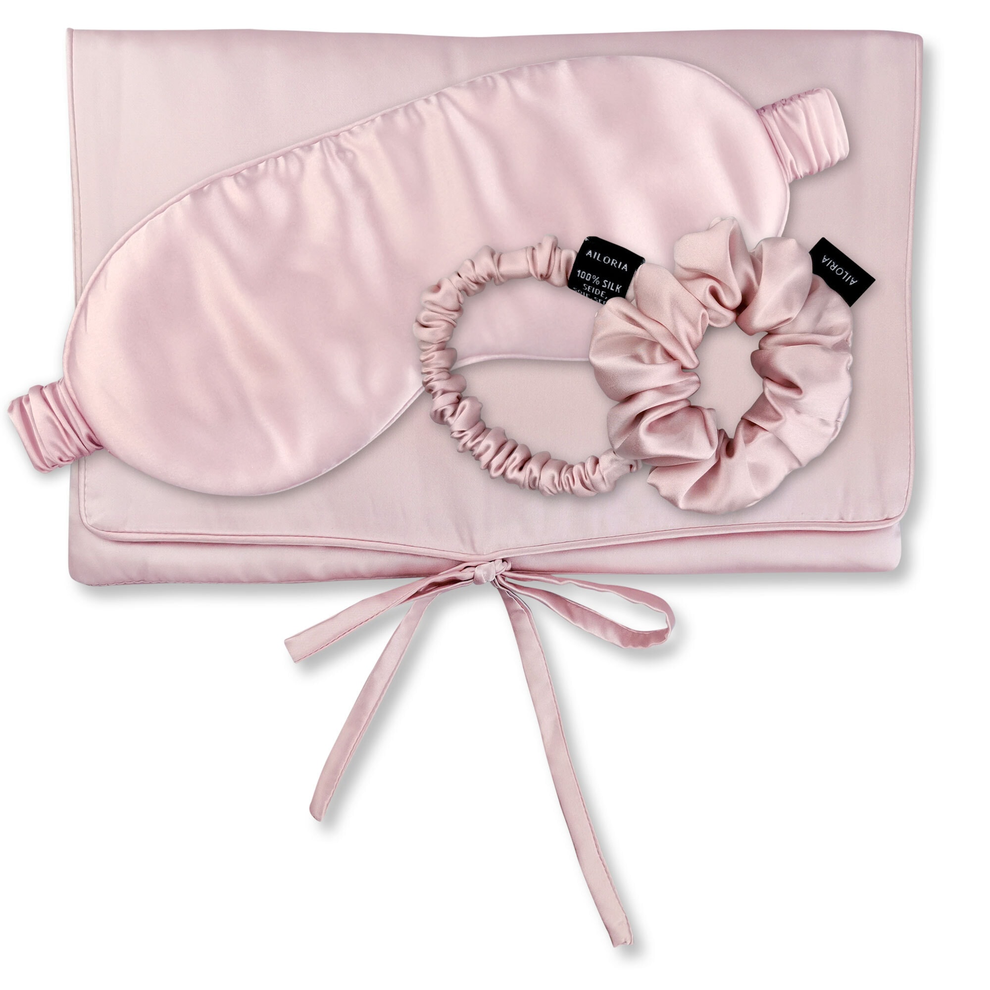 AILORIA Seidentuch "Tasche, Schlafmaske, Scrunchie S & Scrunchie M TRAVEL SET"
