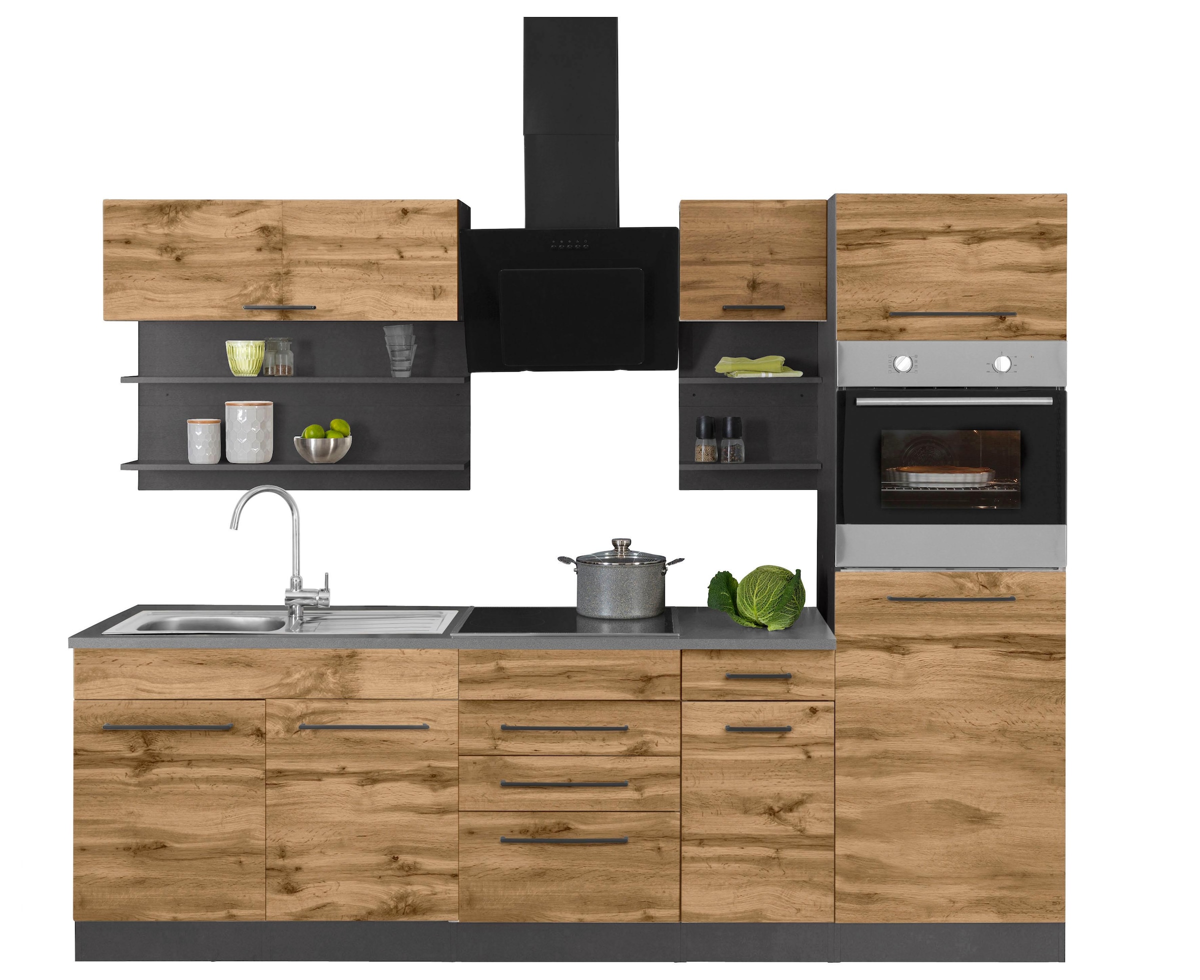 KOCHSTATION Küchenzeile »KS-Tulsa«, ohne E-Geräte, Breite 270 cm, schwarze Metallgriffe, MDF Fronten