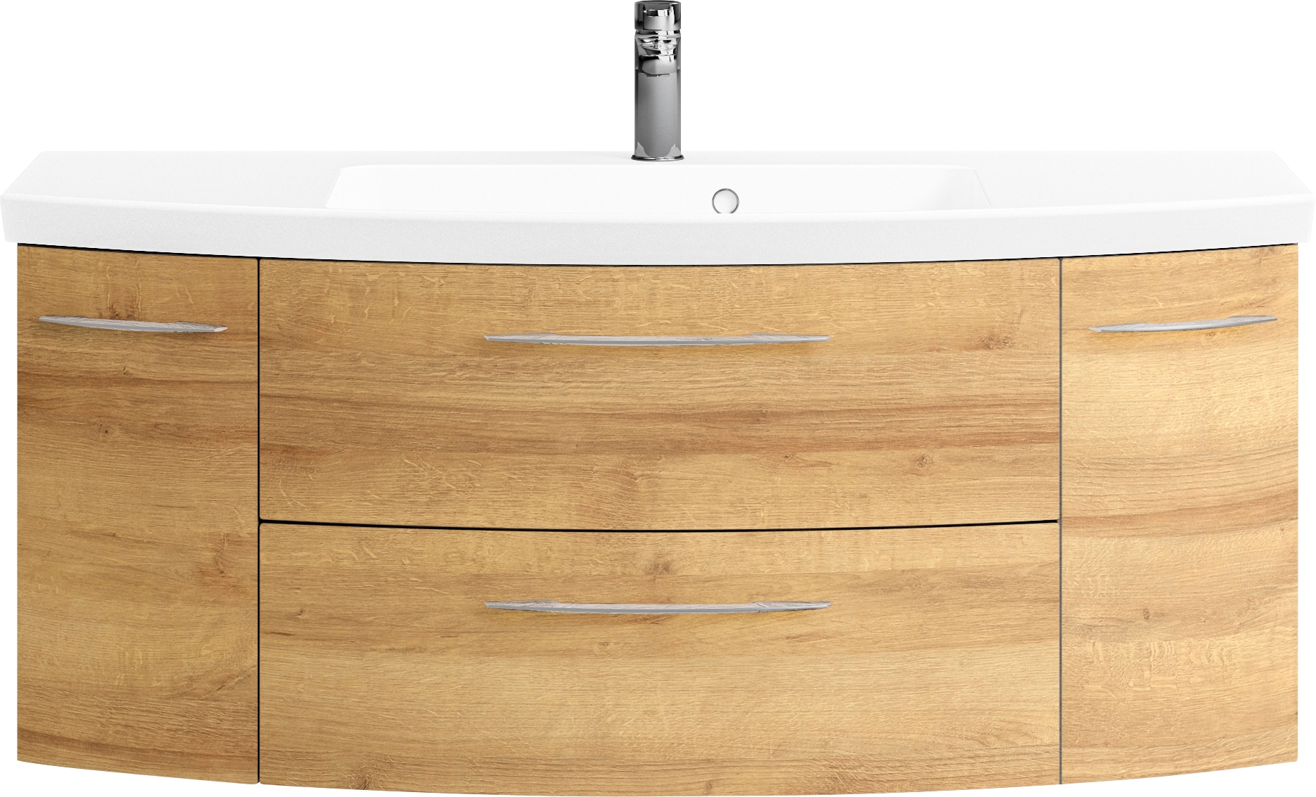 Saphir Badmöbel-Set »Cassca Sprint 2-teilig Mineralmarmor-Waschtisch mit LED-Spiegelschrank«, (2 St.), Waschplatz 121 cm breit mit 5 Türen, 2 Schubladen, inkl. Türdämpfer