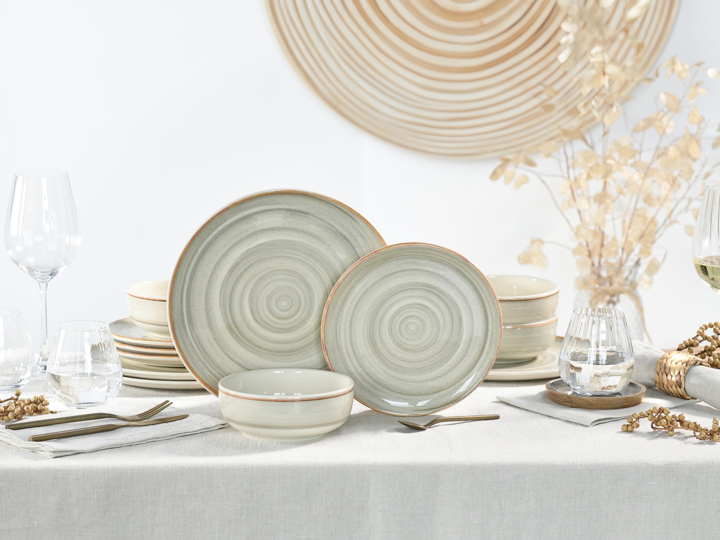 CreaTable Teller-Set »Caoba, Geschirr-Set, 12-tlg.« Robustes Steingut, skandinavische Schlichtheit