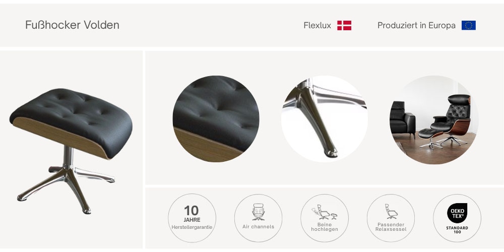 FLEXLUX Fußhocker »Volden Beinstütze, pflegeleicht, skandinavisches Design, hoher Komfort«, für Beinauflage zur besseren Entspannung, schwarzer Fuß, Holzrahmen