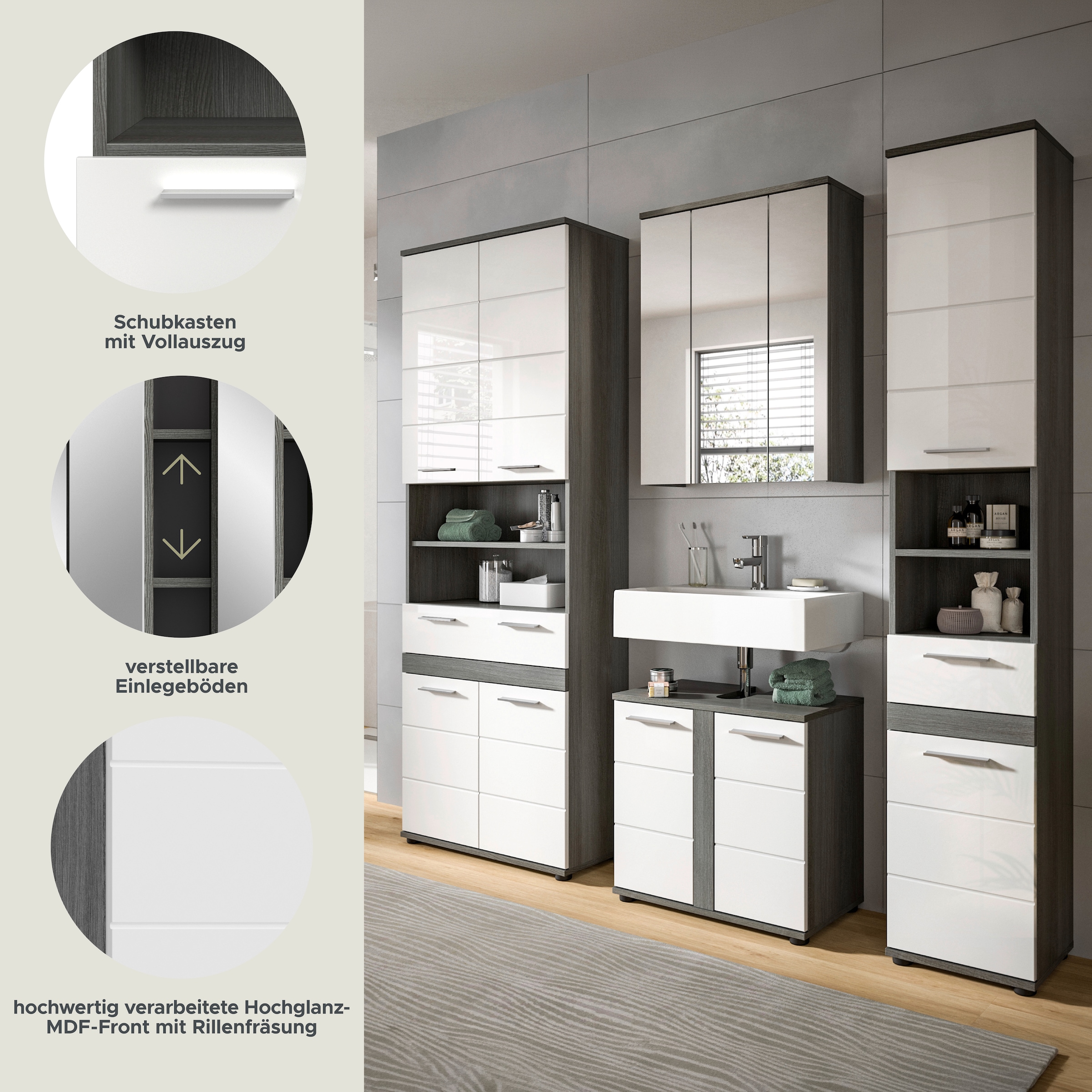 welltime Badmöbel-Set »LUCCA, 4-tlg. Badkombination, viel Stauraum, modernes Design« 4 Stk. tlg.