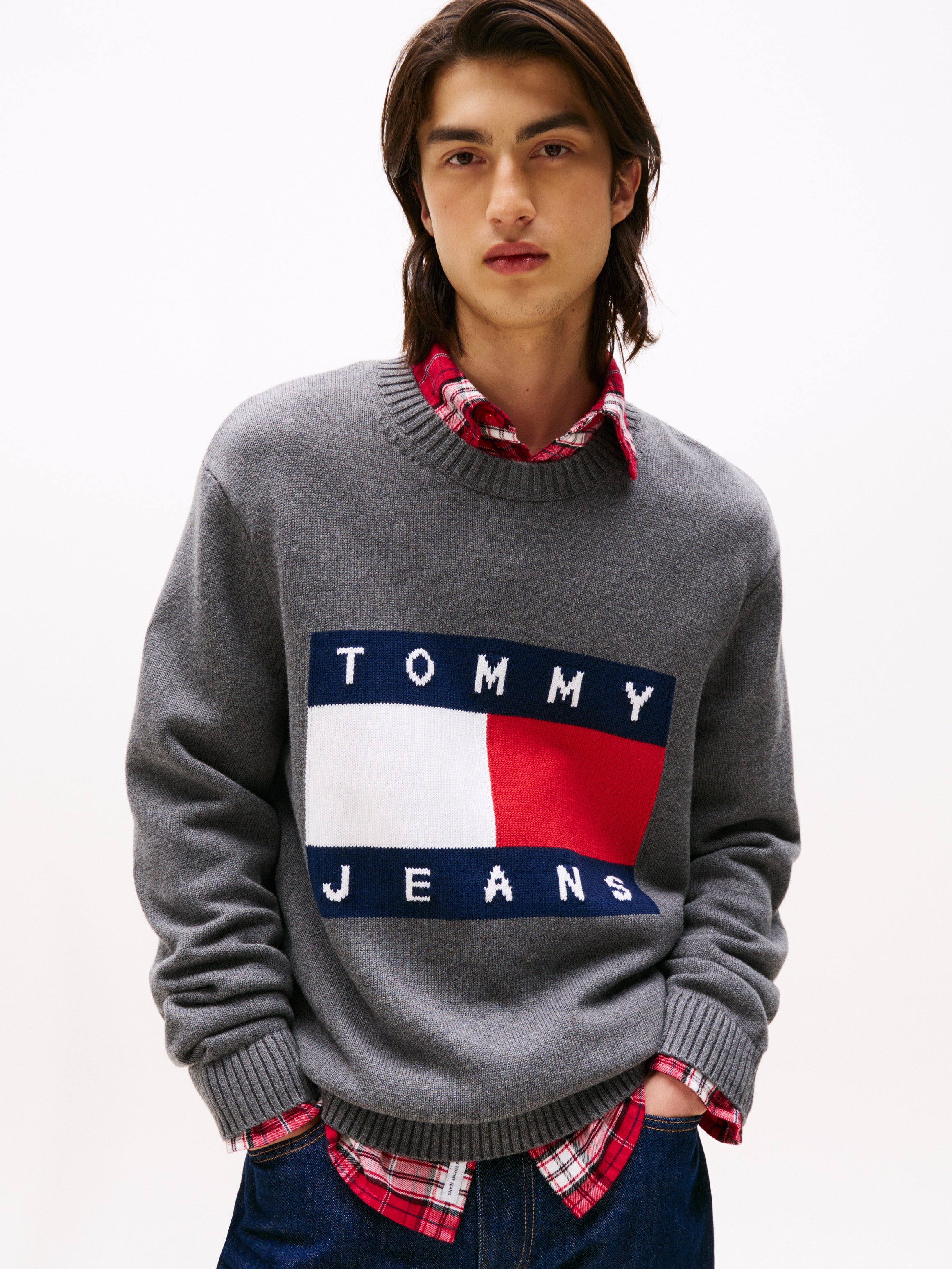 Tommy Jeans Strickpullover "TJM MELANGE FLAG SWEATER", Regular Fit, Rundhal günstig online kaufen
