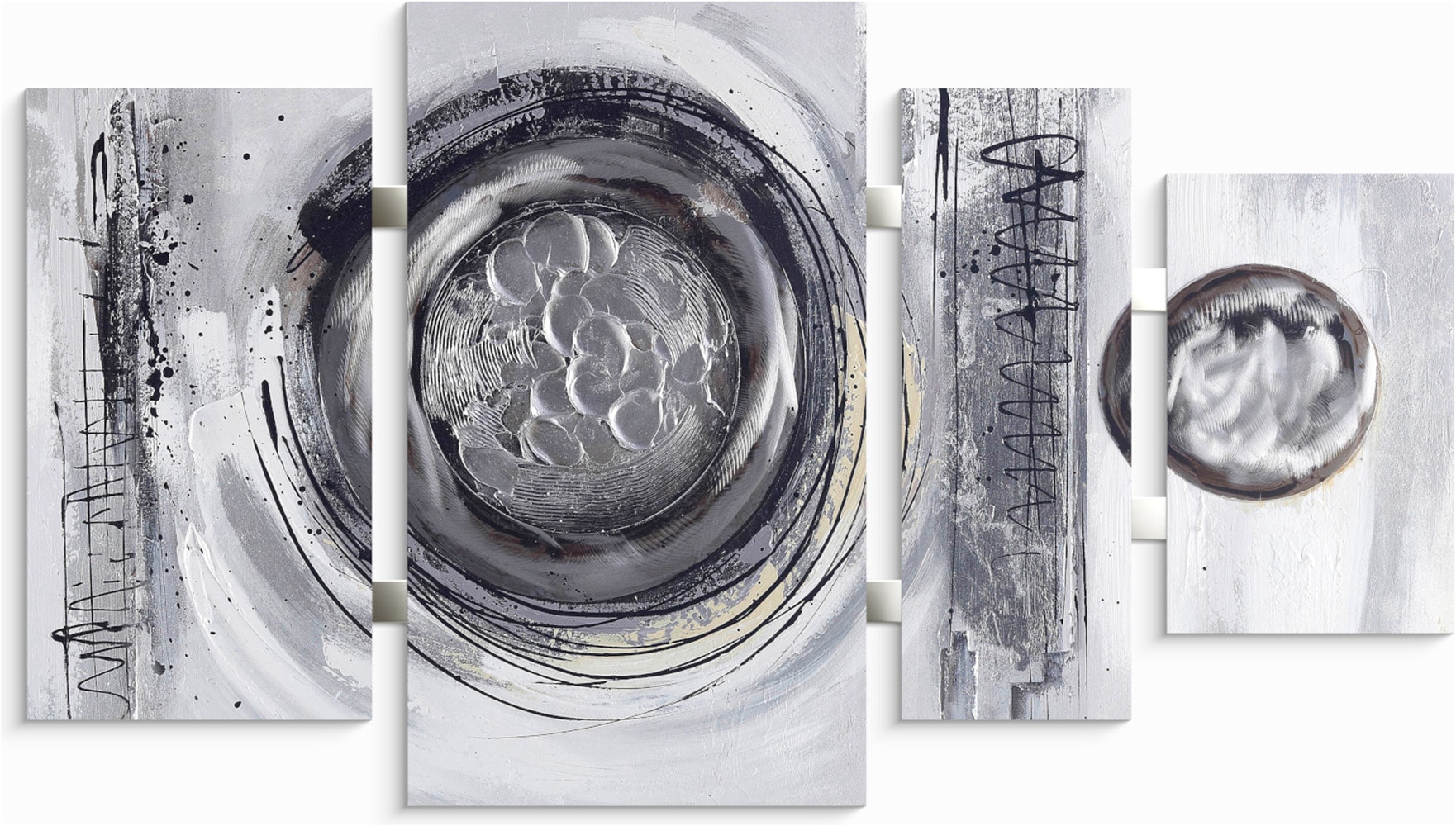 Bönninghoff Ölgemälde "handarbeit 4-teilig KREISE GRAU 70x124 cm – Wandbild Deko" Abstrakt Abstrakte Formen Gemälde Kunst 1 Stk. tlg. handgefertigt, jedes Bild ein Unikat