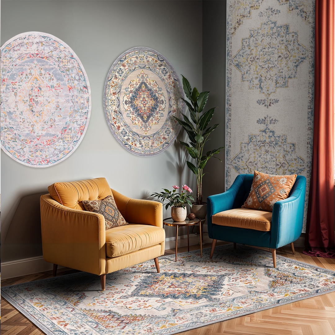 Livabliss Teppich »MUNICH«, rund, 11 mm Höhe, Vintage Orientteppich, Kurzflor Boho Wohnzimmerteppich, Läufer, ⌀160cm
