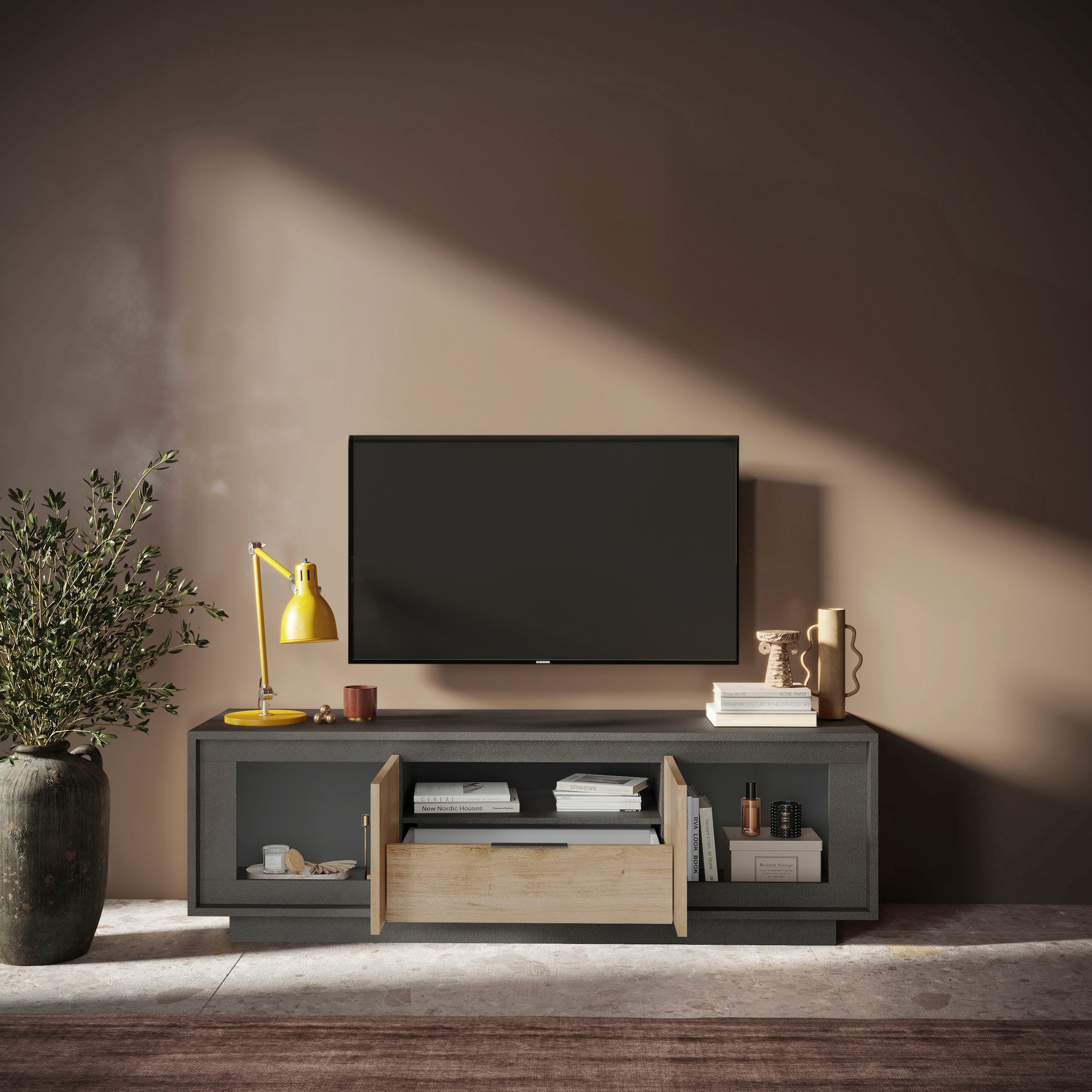 Home affaire Lowboard »Sky, B/T 180/50 cm, TV-Schrank/Medienboard, 2 Türen, 1 Schubkasten« Softclosing, Korpus & Front 22 mm stark, Rahmen-Optik, Metallgriff