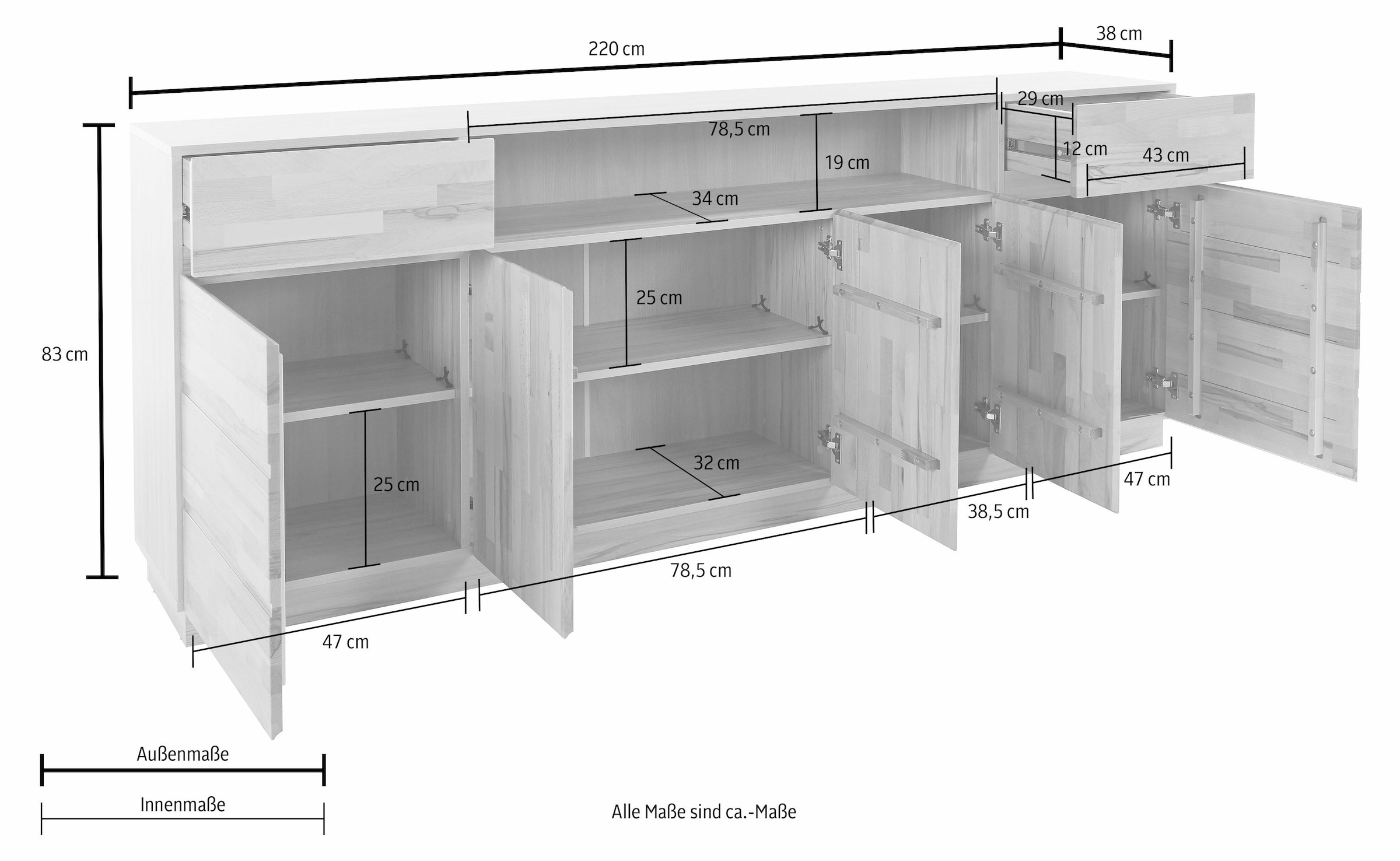 Home affaire Sideboard, Breite 220 cm, mit 5 Türen, teilmassiv, FSC®-zertifiziert