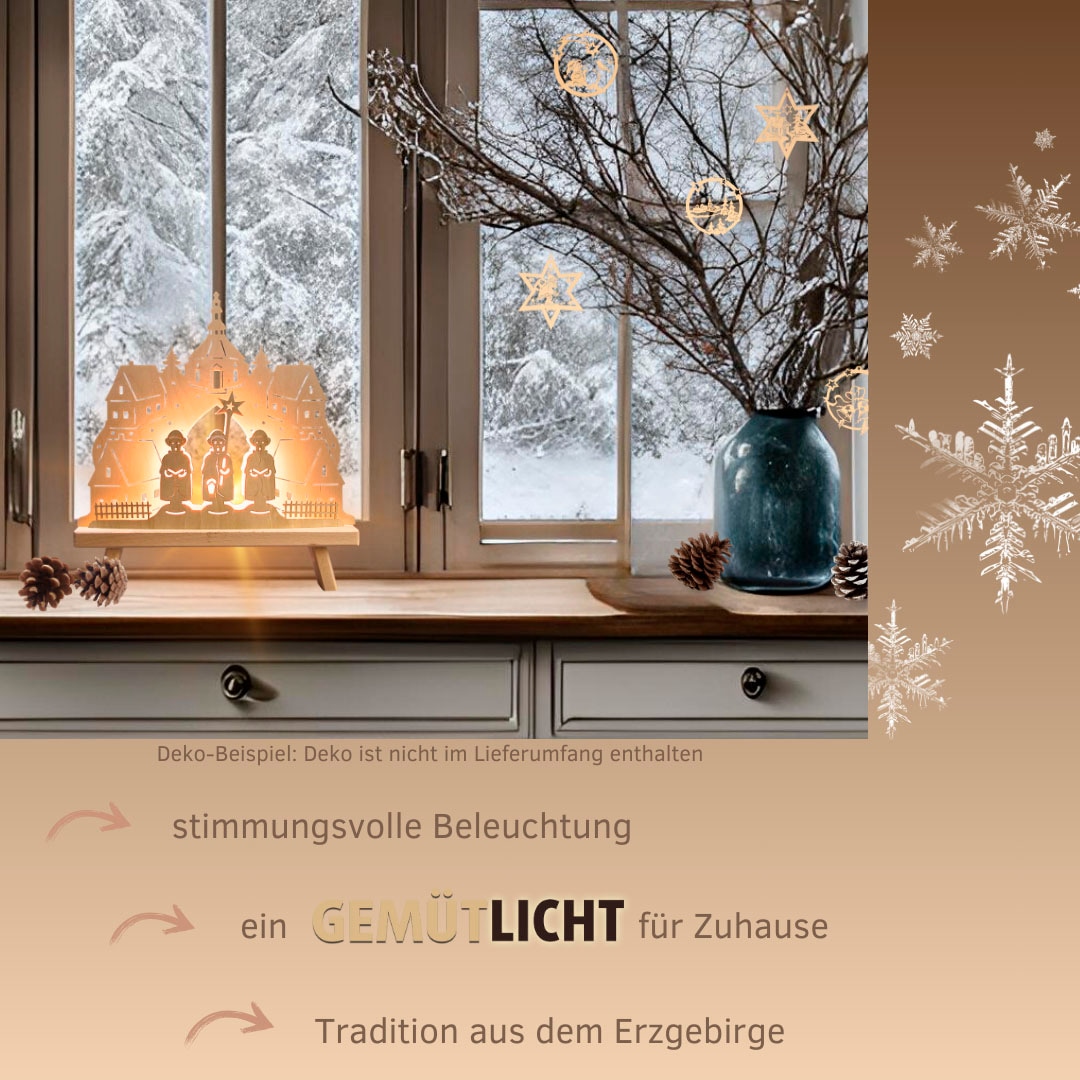 Weigla Lichterbogen »Kurrendesänger, Dekoleuchte aus Holz mit Seiffener Kirche, NATUR«, Erzgebirge garantiert, Weihnachtsdeko Innen, Weihnachtsbeleuchtung