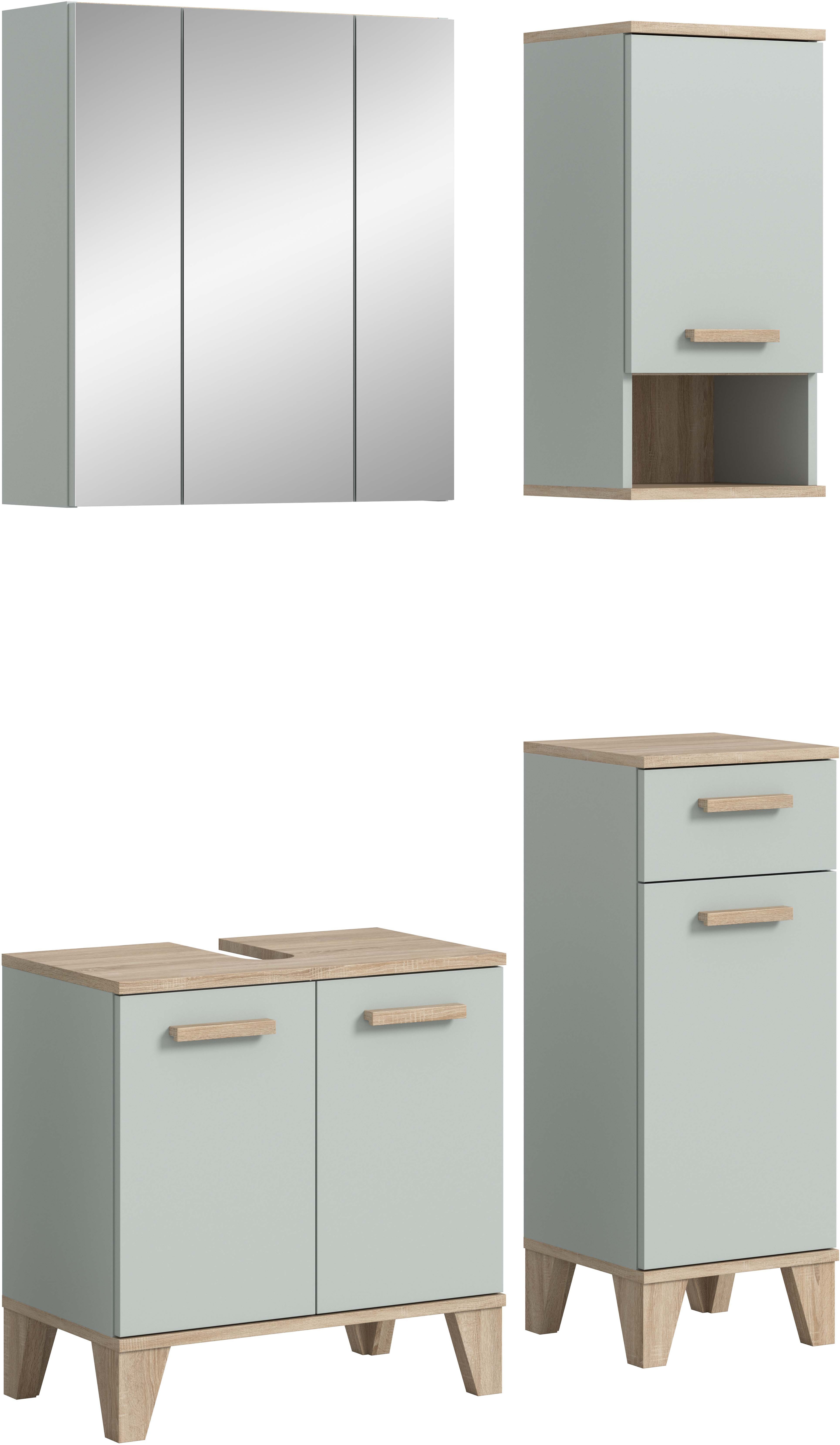welltime Badmöbel-Set "MINTTU, 4-teilige moderne Badkombination im SCANDI-Look" bestehend aus: Midischrank, WBU, Spiegelschrank, Hängeschrank, 4 Stk. tlg.