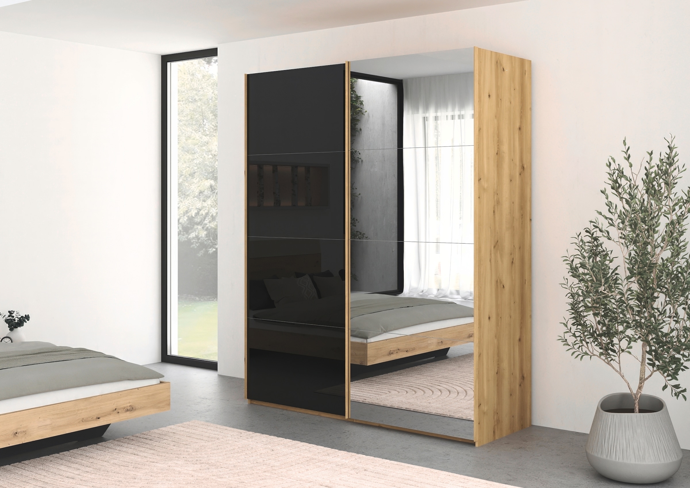 rauch Schwebetürenschrank »Kleiderschrank Schrank Garderobe Schlafzimmerschrank SCALE-FYRA«, edle viergeteilte Türen Spiegel/Glas-Mix viele Farben MADE IN GERMANY