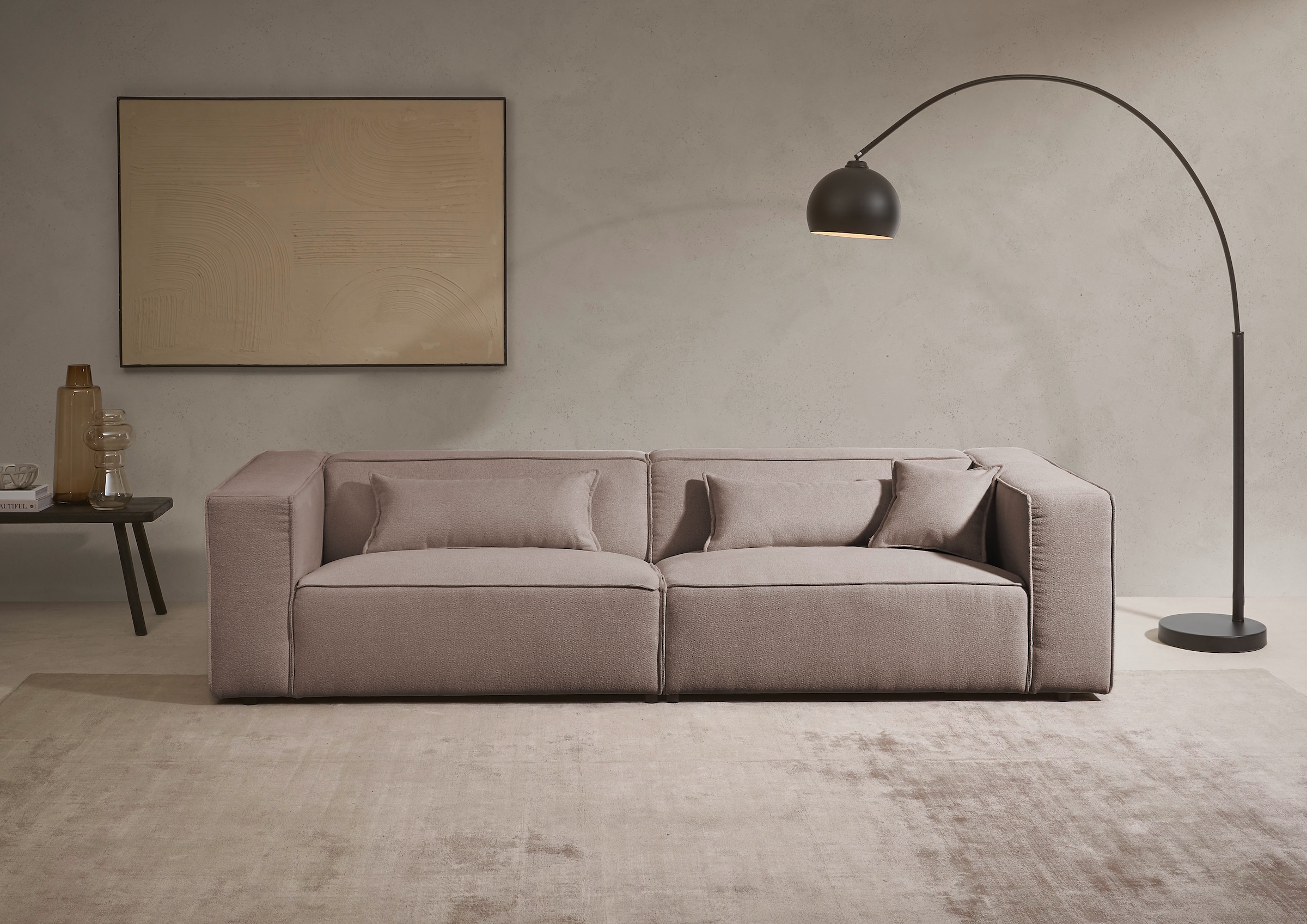 LeGer Home by Lena Gercke 3-Sitzer "PIARA, Struktur u. Leinenoptik, Sofa mit Kedernaht" schwarze Füße, bequemer Sitzkomfort