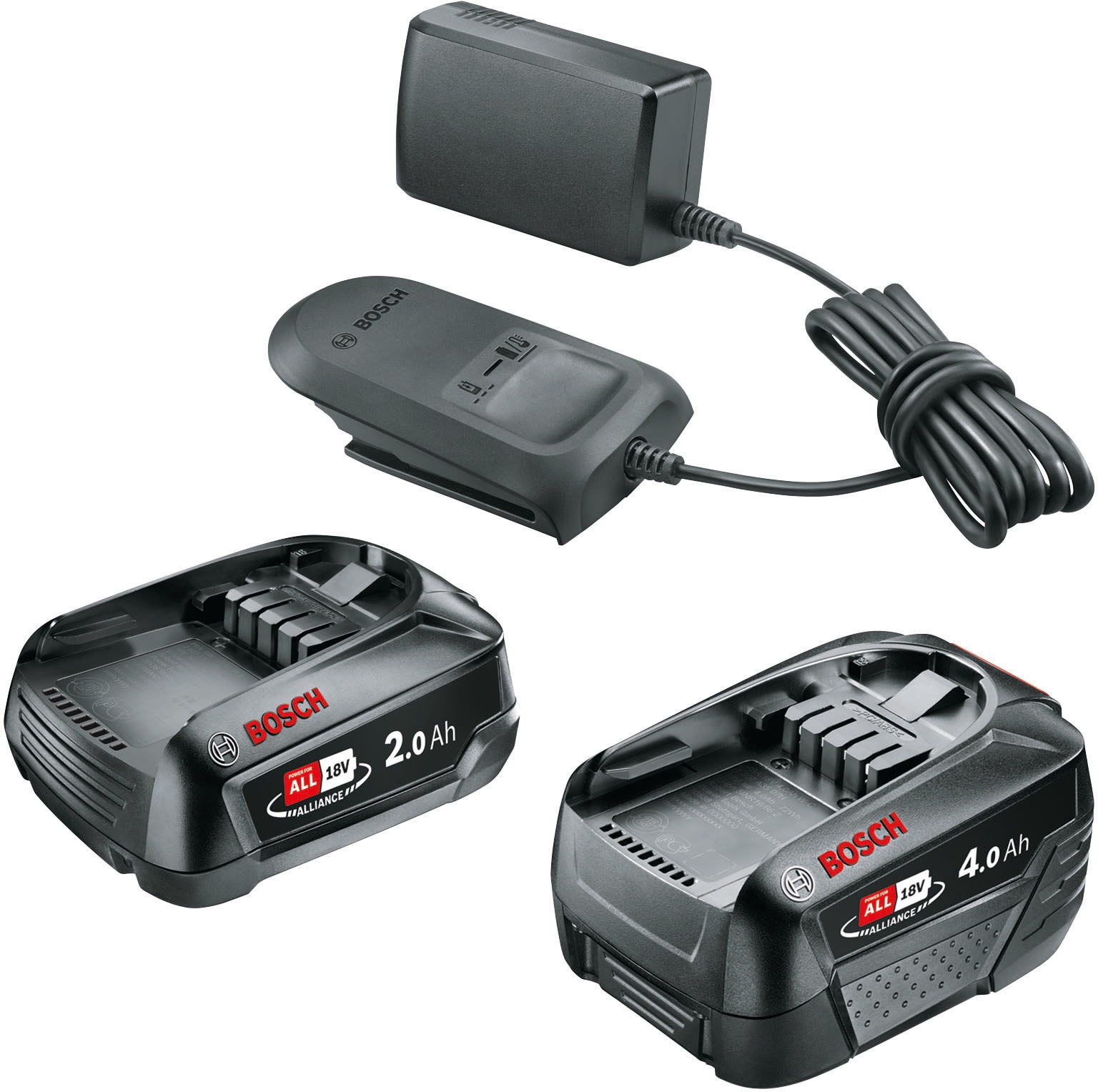 Akku Starter-Set, 18 V 2.000mAh, schwarz, BOSCH HOME & GARDEN, Akkumulatoren, 2 Akkus 2Ah + 4Ah, 18 V, inkl. Ladegerät
