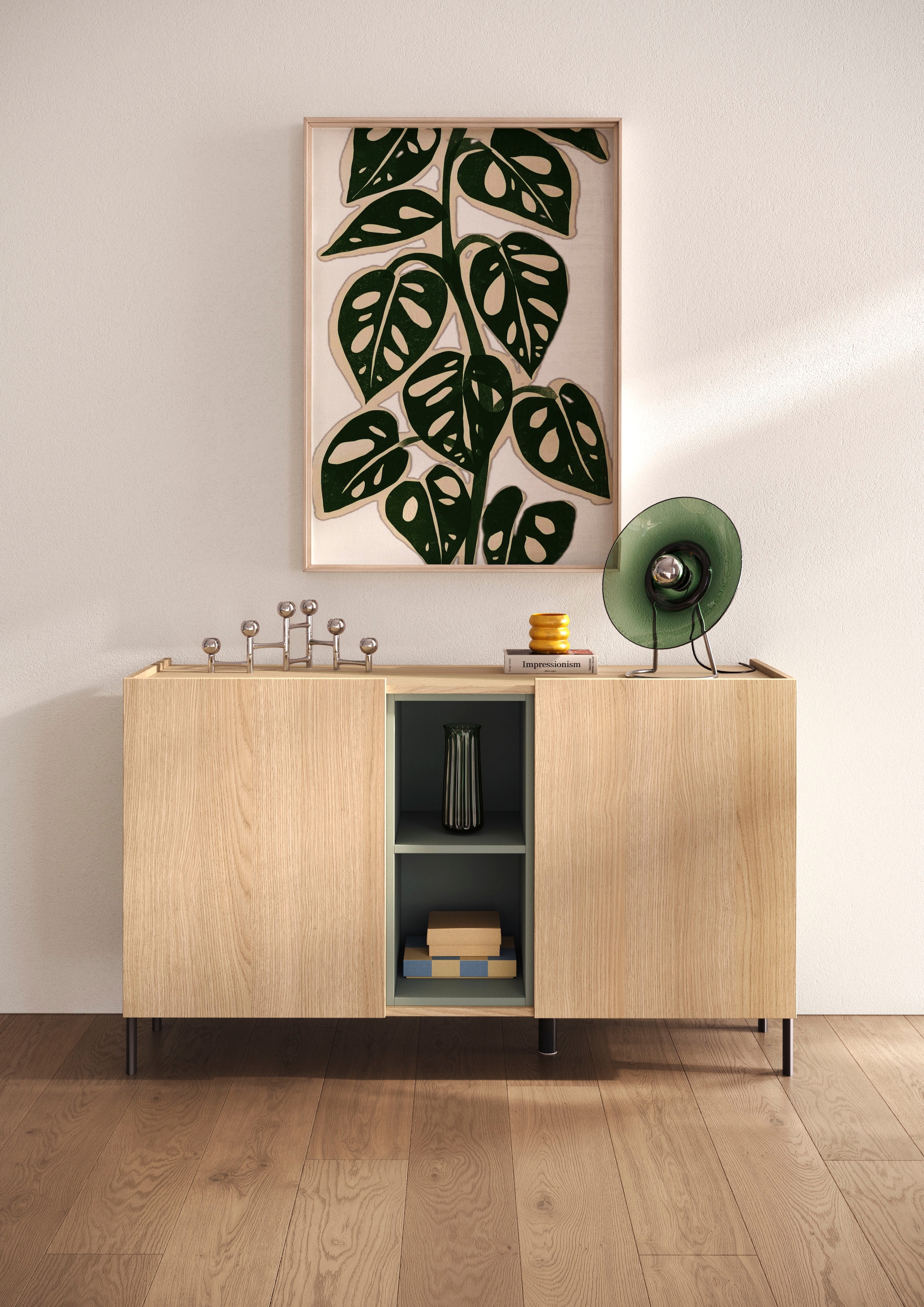 OTTO home Sideboard »Badia, 132 cm breit, 2 Türen, Anrichte, Kommode, Stauraumschrank« Innenliegendes Top, gerade Metallfüße, salbeigrüne Farbakzente