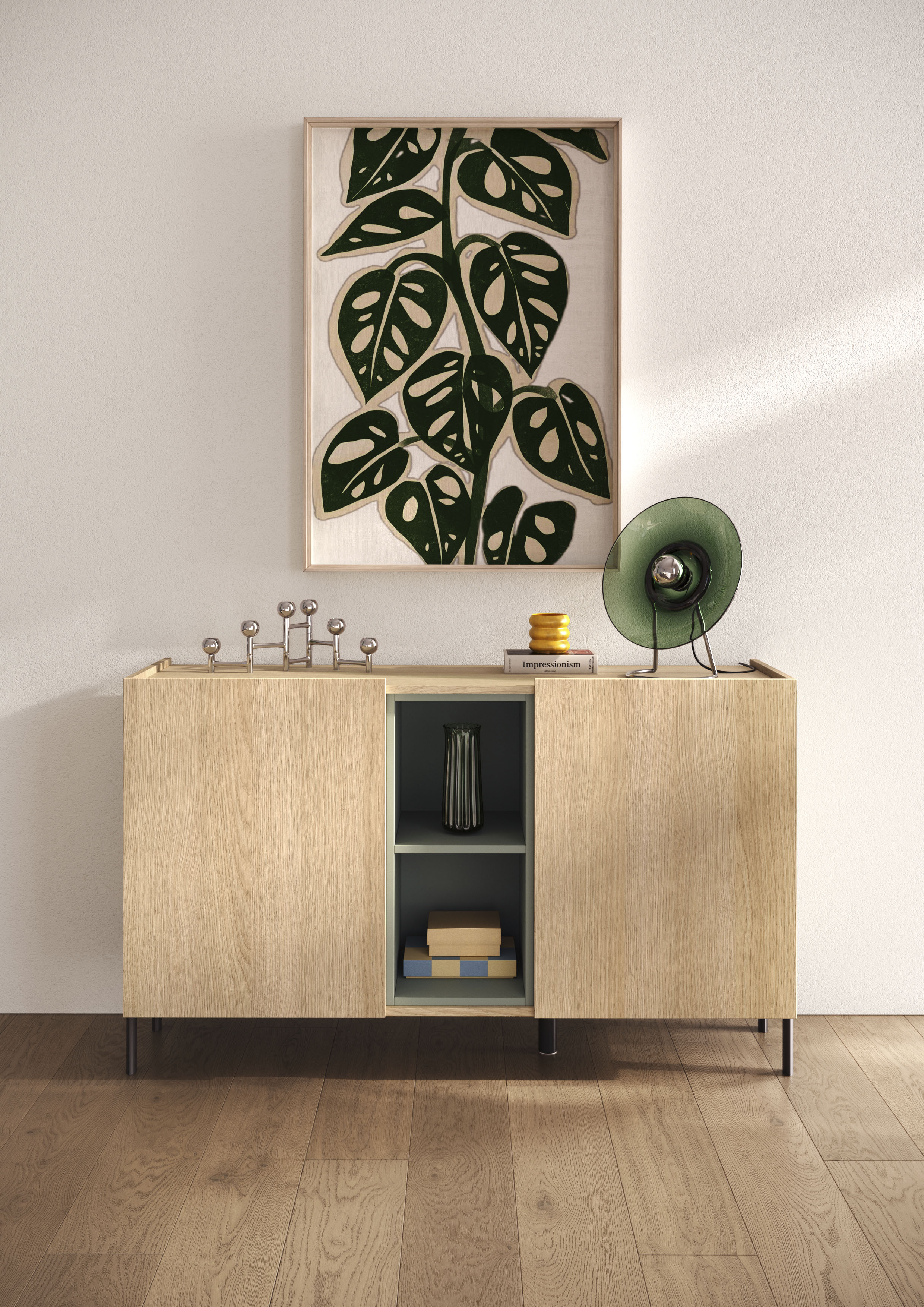 OTTO home Sideboard "Badia, 132 cm breit, 2 Türen, Anrichte, Kommode, Stauraumschrank" Innenliegendes Top, gerade Metallfüße, salbeigrüne Farbakzente