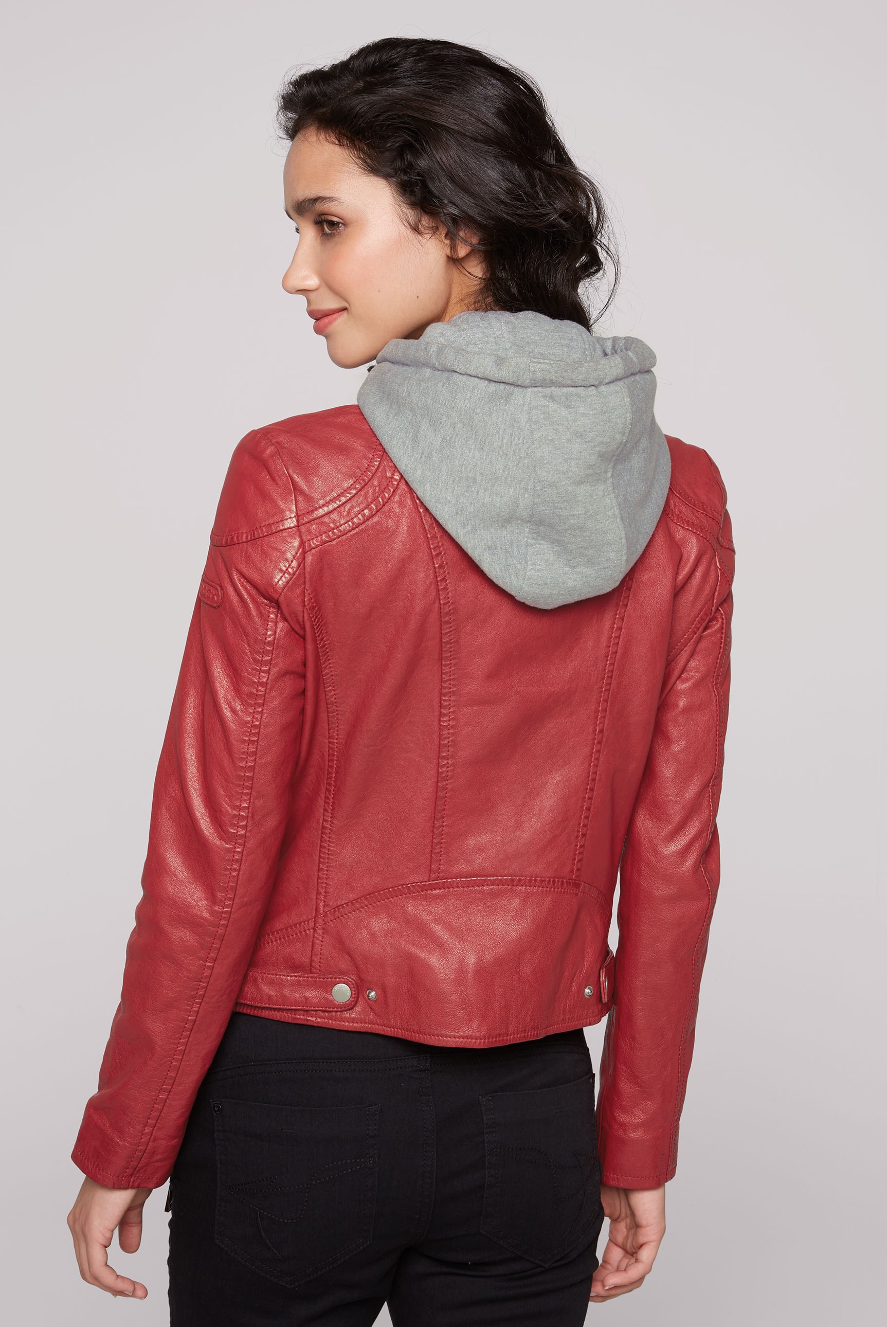 SOCCX Lederjacke, mit Kapuze, mit Druckknopfriegel an den Seiten
