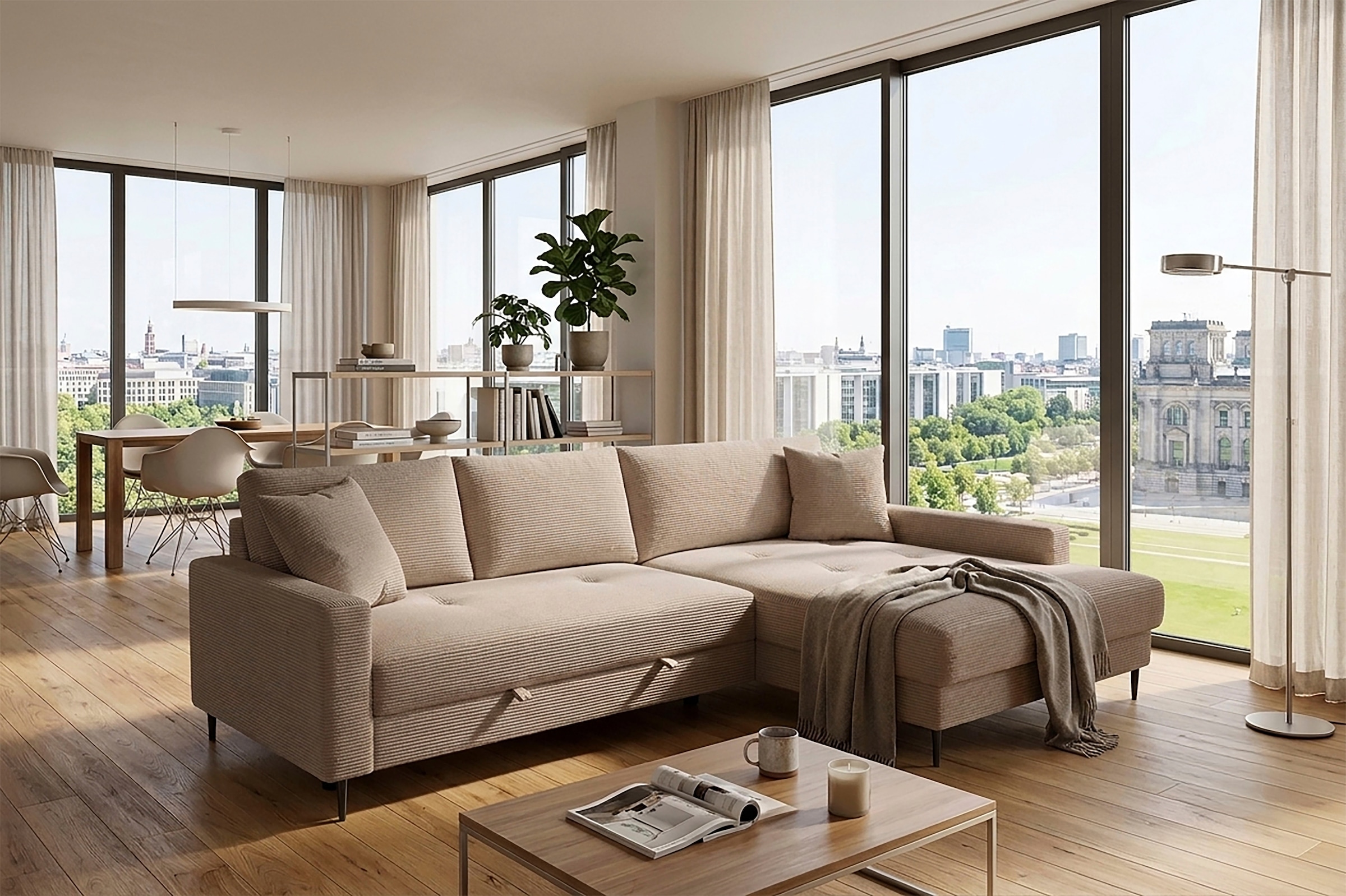 Trends by HG Ecksofa "Summer L-Form, B: 284 cm, Schlaffunktion, 2 Zierkissen" optional mit Kopfstützen, Wellenfederung, frei stellbar