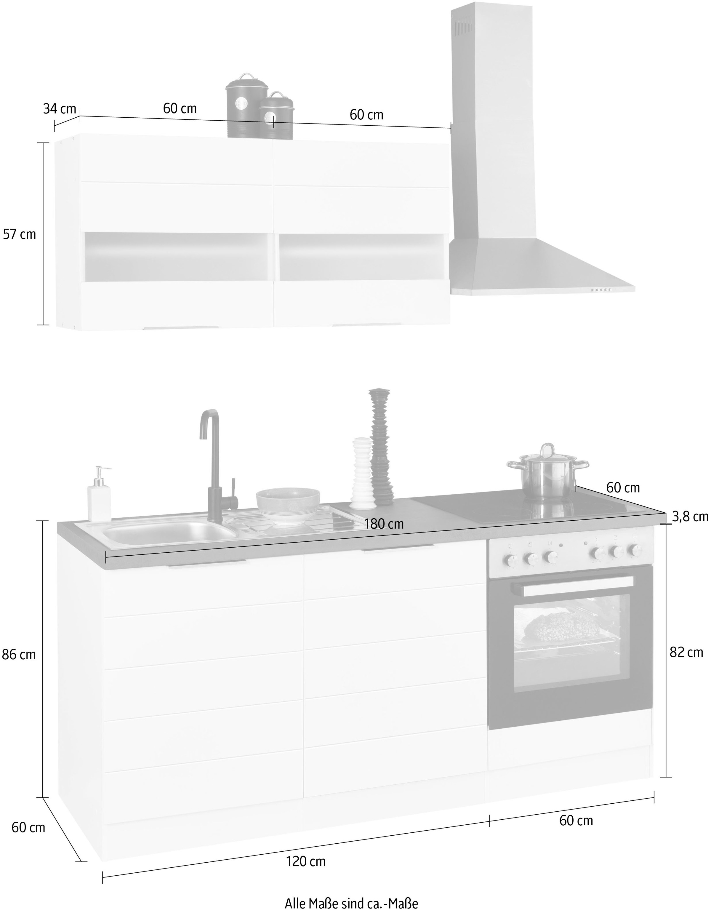 HELD MÖBEL E-Geräten, mit wahlweise Küche ohne BAUR MDF-Fronten gefräste cm oder | kaufen breit, »Luhe«, 180