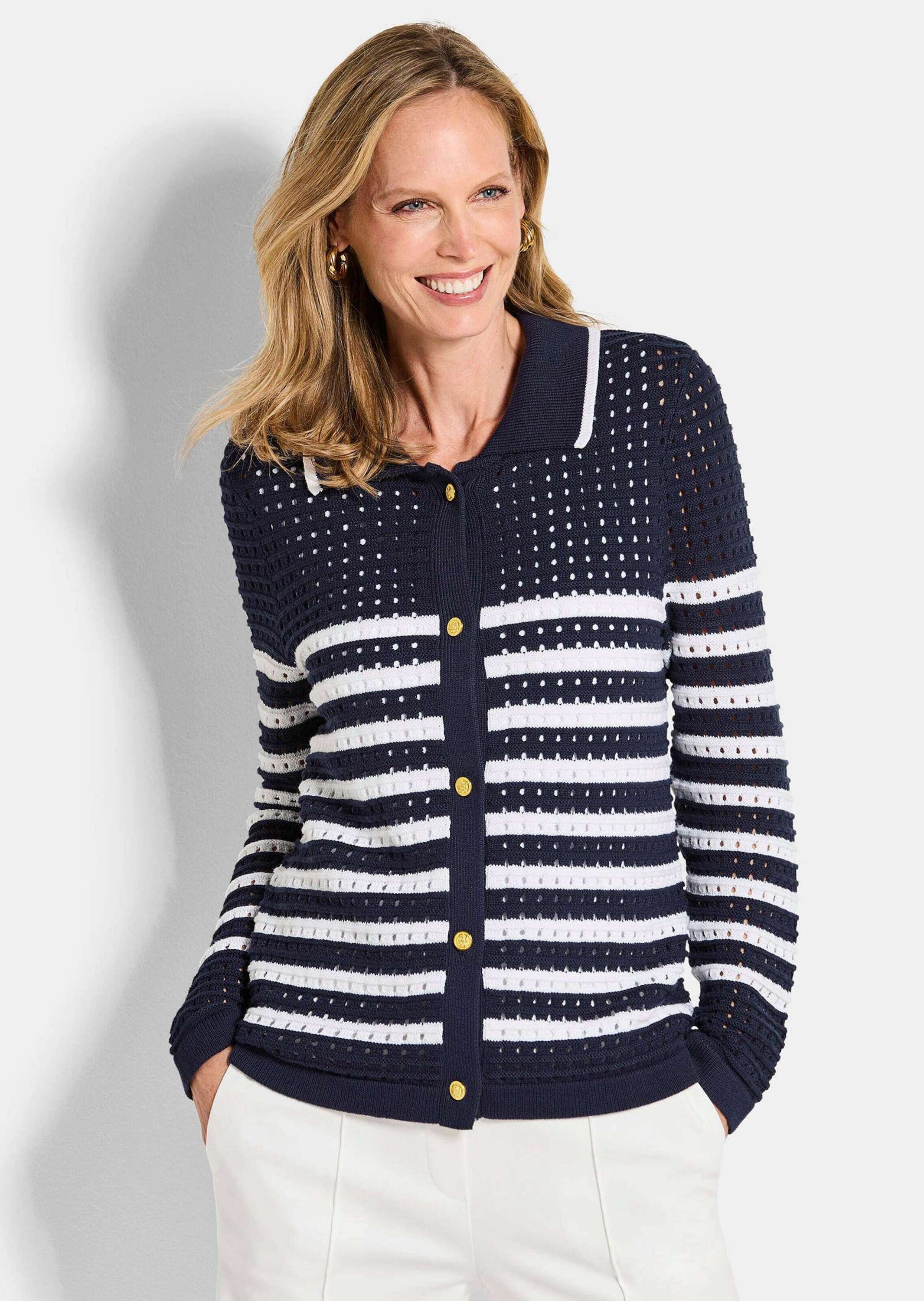 Thumbnail - GOLDNER Strickjacke "Polopullover mit Lochmuster" Lochmuster im Ringel, goldene Dekoknöpfe