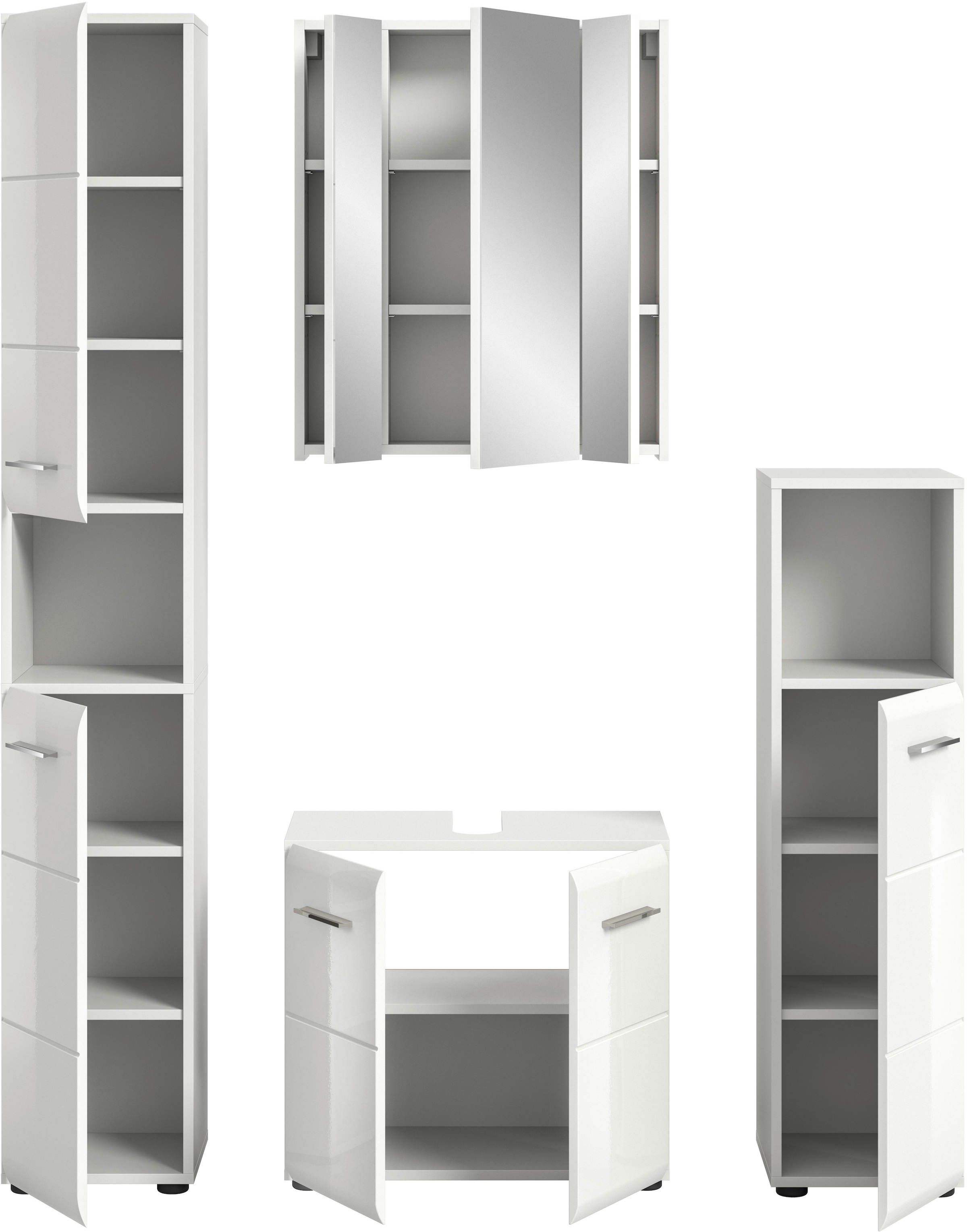 INOSIGN Badezimmer-Set, (Set, 4 St.), Florenz, Badkombination 4-tlg., Weiß hochglanz tiefzieh, Hochschrank