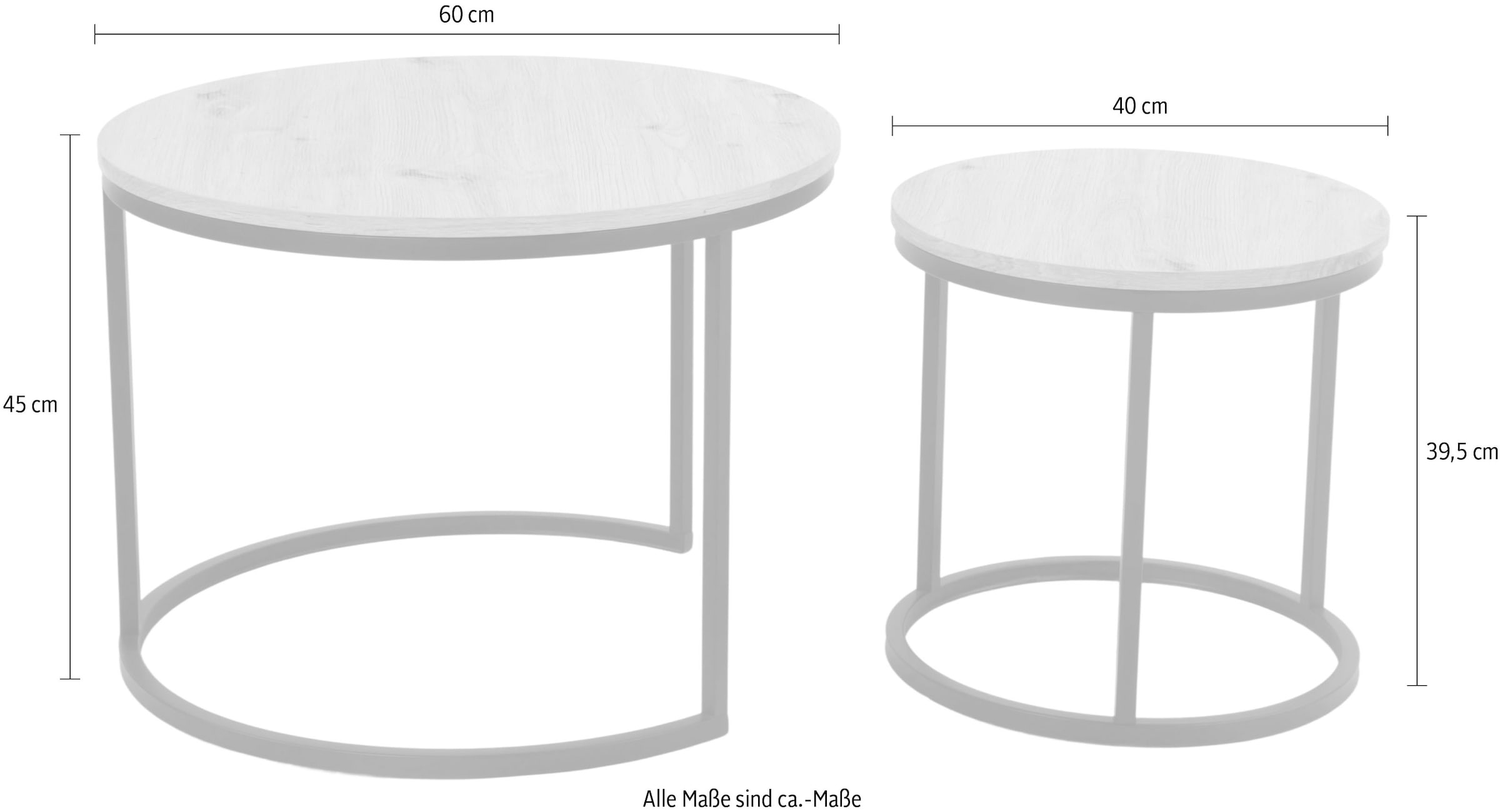 HELA Couchtisch »LINDAU«, (Set, 2 St., 2er Set), 2er Set,Tischplatten rund,MDF,Eicheoptik,Metallgestell,Dia 60+40cm