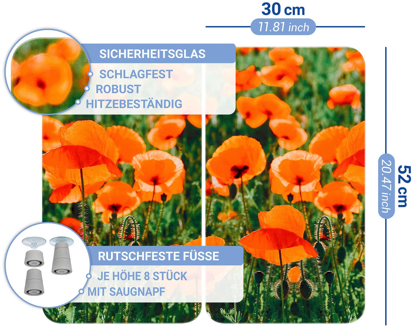 WENKO Herd-Abdeckplatte »Universal Modell Mohnfeld«, (Set, 2 tlg.), Herdabdeckung für alle Herdarten, kratzfest, mit rutschfesten Füßen