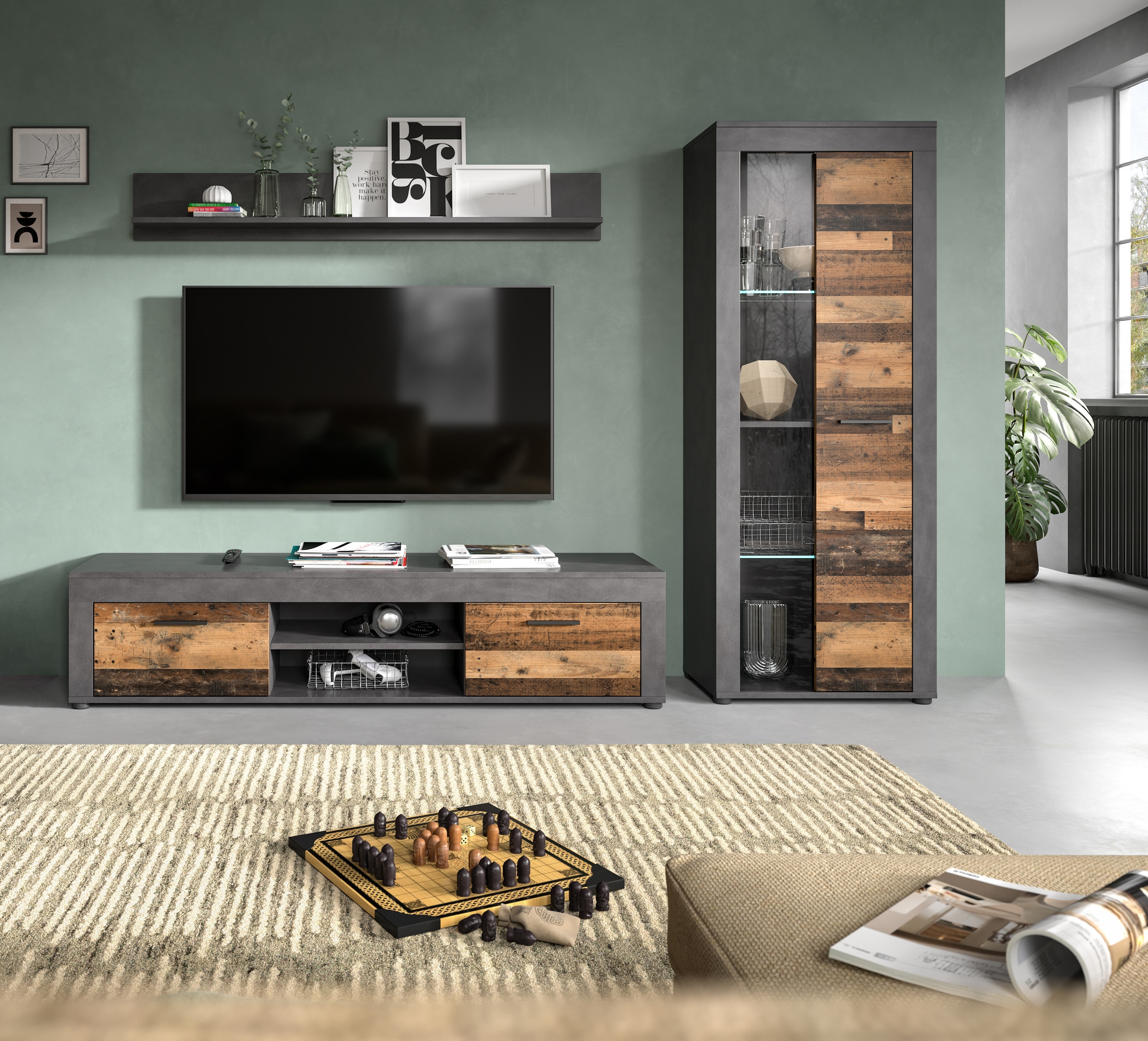 OTTO home Wohnwand "AOSTA, Breite 235cm, 3-teilige Wohn-Kombination" bestehend aus: Lowboard, Wandboard, Vitrine, 3 Stk. tlg.