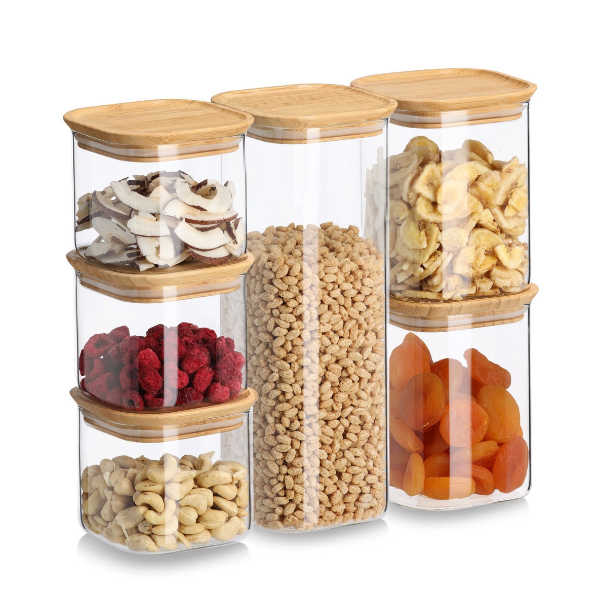 Zeller Present Vorratsglas »Vorratsglas-Set mit Bambusdeckel, 6tlg.« 3x 11x11x9,5 (600 ml), 2x 11x11x14 (950 ml), 1x 11x11x28 (2.150 ml) cm
