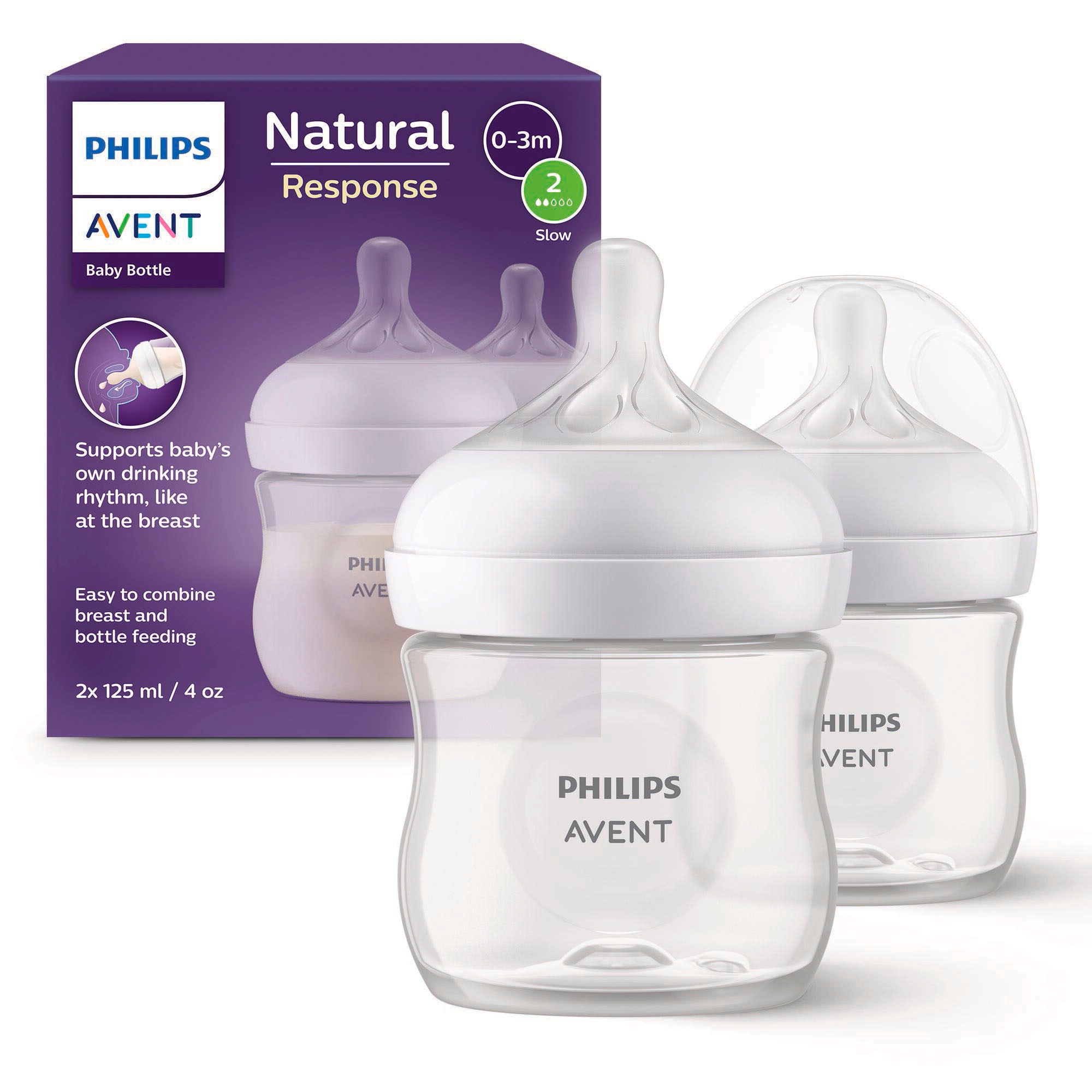 PHILIPS AVENT Baby Babyflasche "Natural Response Babyflasche", 125ml, transparent, Kunststoff, H:12,2cm, Trinkflaschen, 2er-Pack, langsame