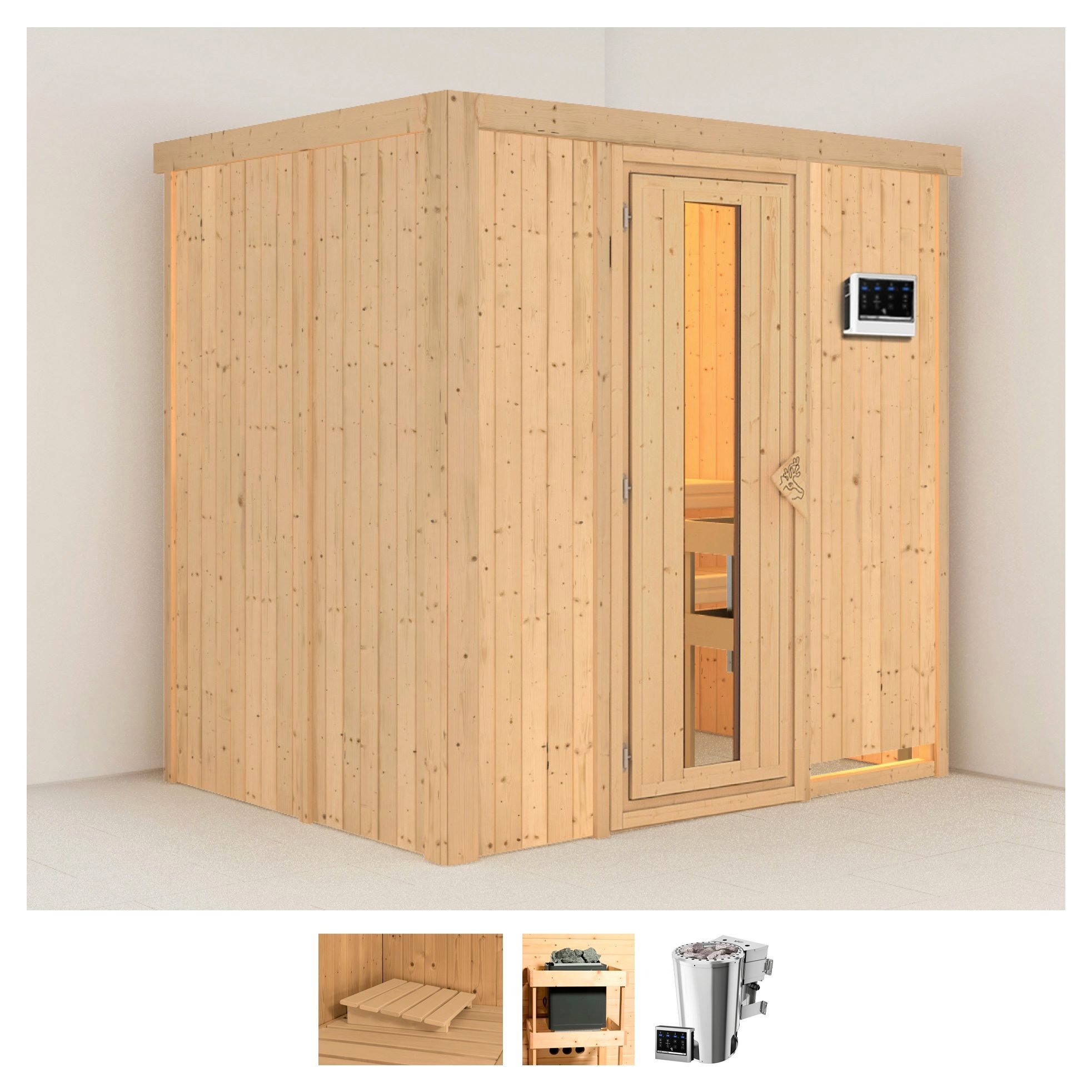 KARIBU Sauna "Finja", Bio-Kombiofen, externe Steuerung, 3,6 kW, beige, Saunen, Ofen 3,6 kW Bio-Ofen externe Strg. easy