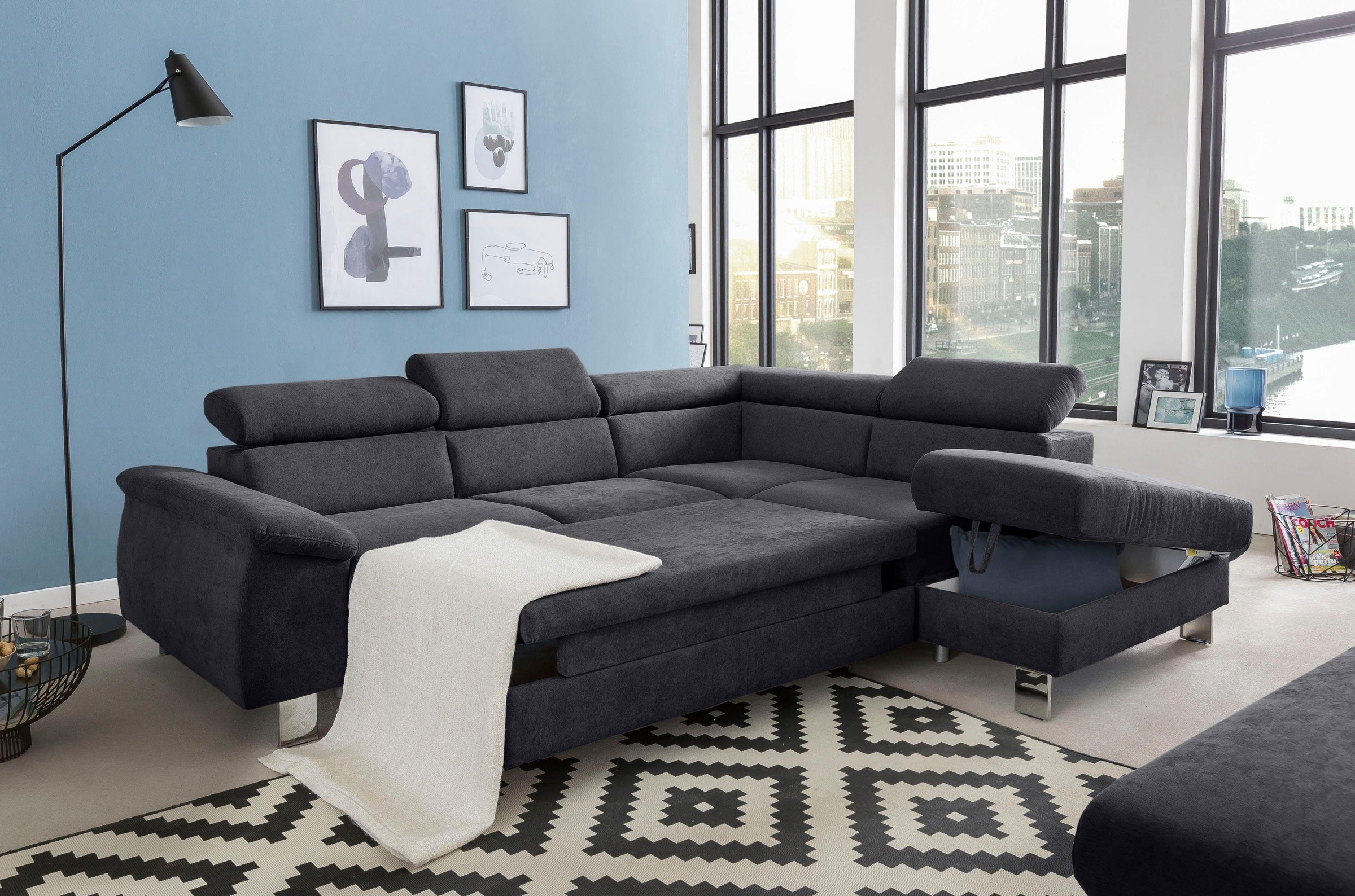 COTTA Ecksofa »Komaris L-Form mit Kopfteilverstellung«, wahlweise mit Bettfunktion, Bettkasten & Beleuchtung