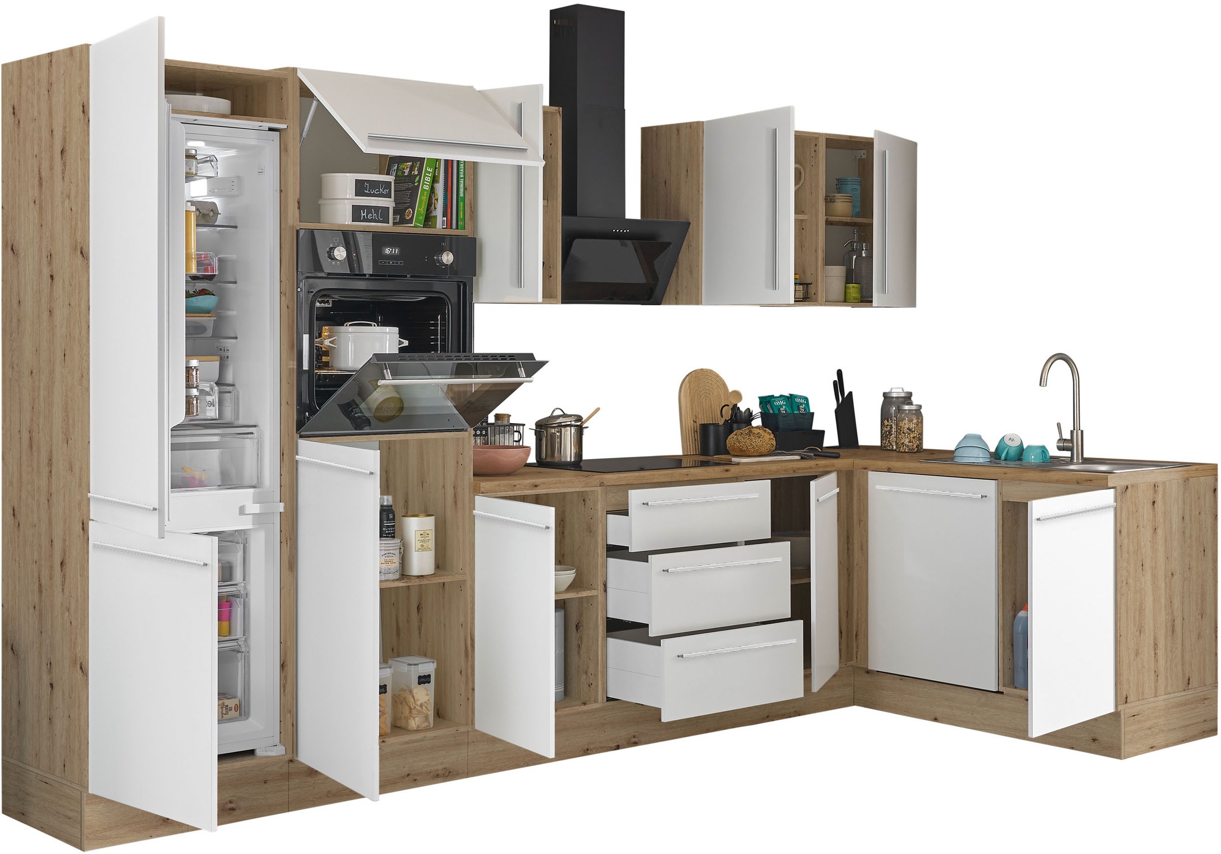 KOCHSTATION Winkelküche »Florida, Stellbreite 340x175 cm«, wahlweise mit E-Geräten, mit Softclose für Türen und Schubkästen