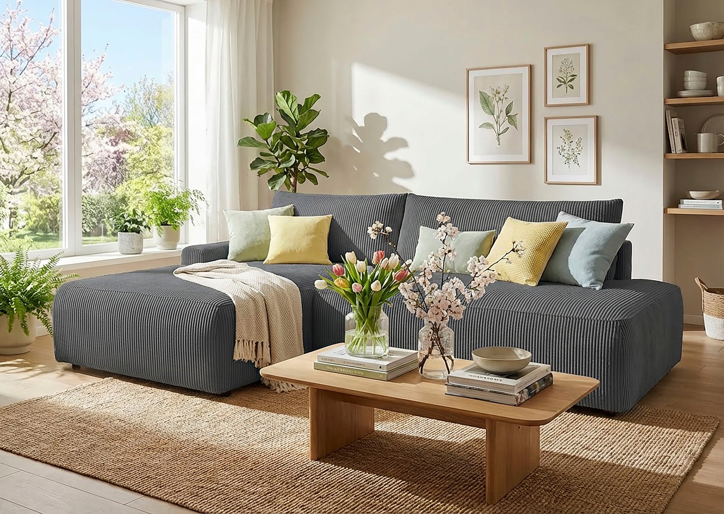 TRENDMANUFAKTUR Ecksofa "Prag, Schlafsofa mit Bettkasten, Couch in L-Form, Breite 253 cm" in Cordstoff HYPER, dunkelgrau, Recamiere links
