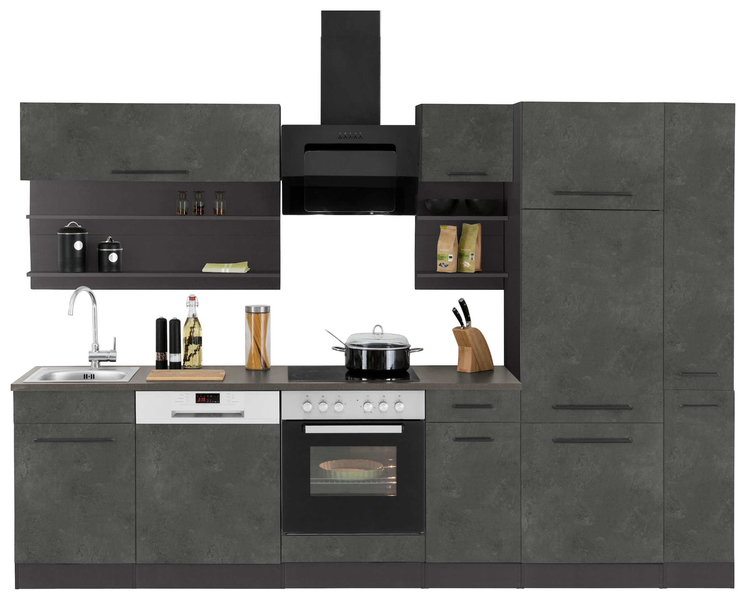 KOCHSTATION Küchenzeile "KS-Tulsa", mit E-Geräten, Breite 300 cm, schwarze Metallgriffe, MDF Fronten