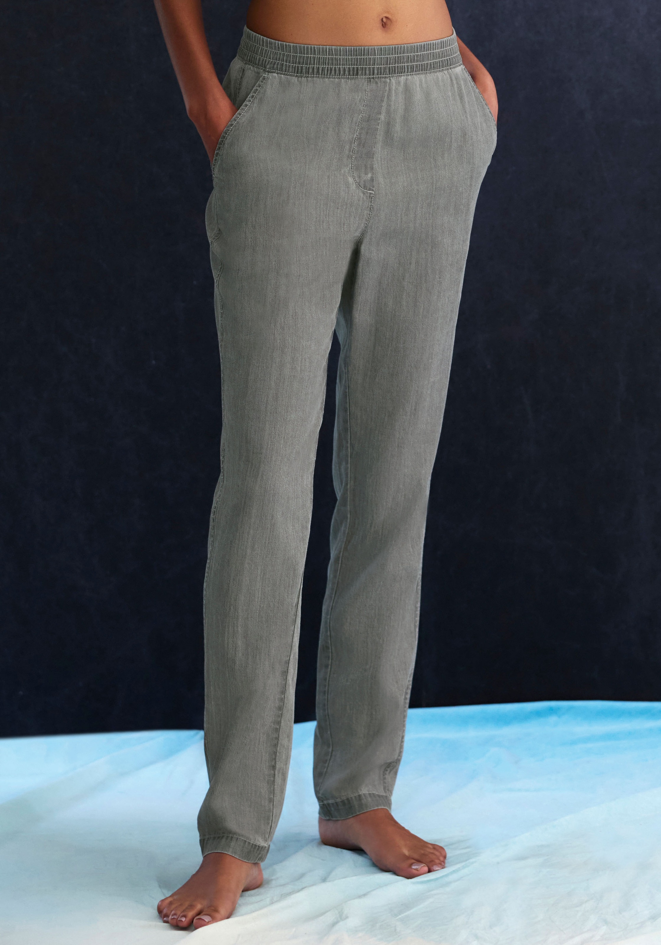 Jogger Pants H.I.S, Damen, Gr. 44/46, N-Gr, grau, Obermaterial: 65% Lyocell, 35% Baumwolle, unifarben, Basic, bequem lang, Hosen, in Denim Optik