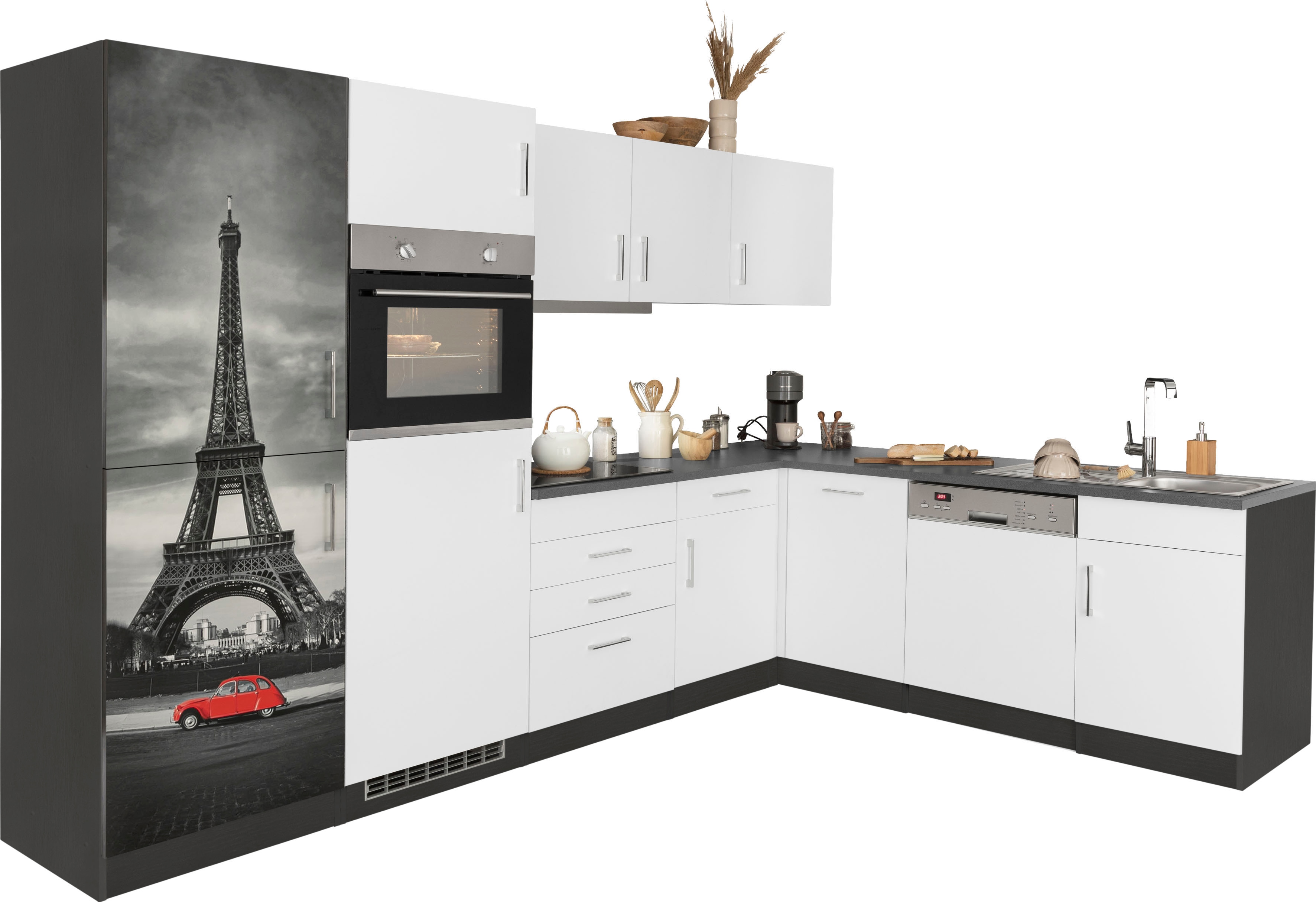 KOCHSTATION Küchenzeile "KS-Paris – Küchen mit einzigartigen Fotomotiven auf den Fronten" Stellbreite 290/220 cm, wahlweise mit E-Geräten und Induktion