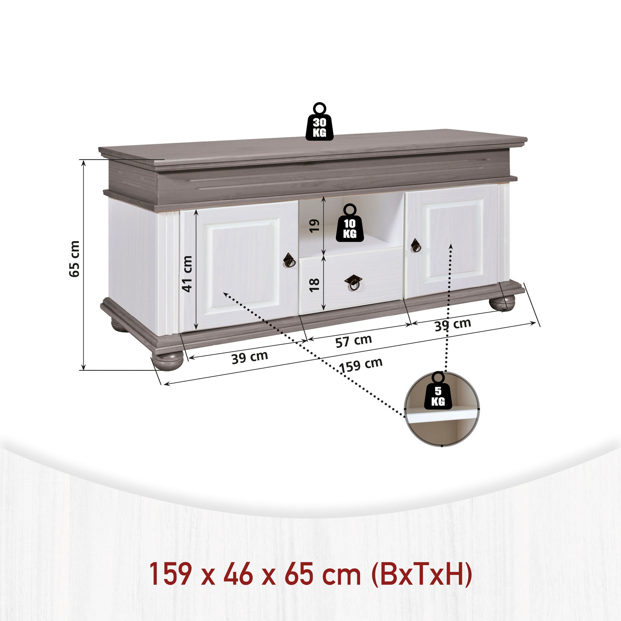 Inter Link TV-Board »Halmaro, Kiefer Massivholz, Soft-close, 159 x 46 x 65 cm, Stauraum« 1 Stk. tlg. TV Lowboard in Weiss, Grau/Lava, Landhausstil, 2 Türen, 1 Schublade