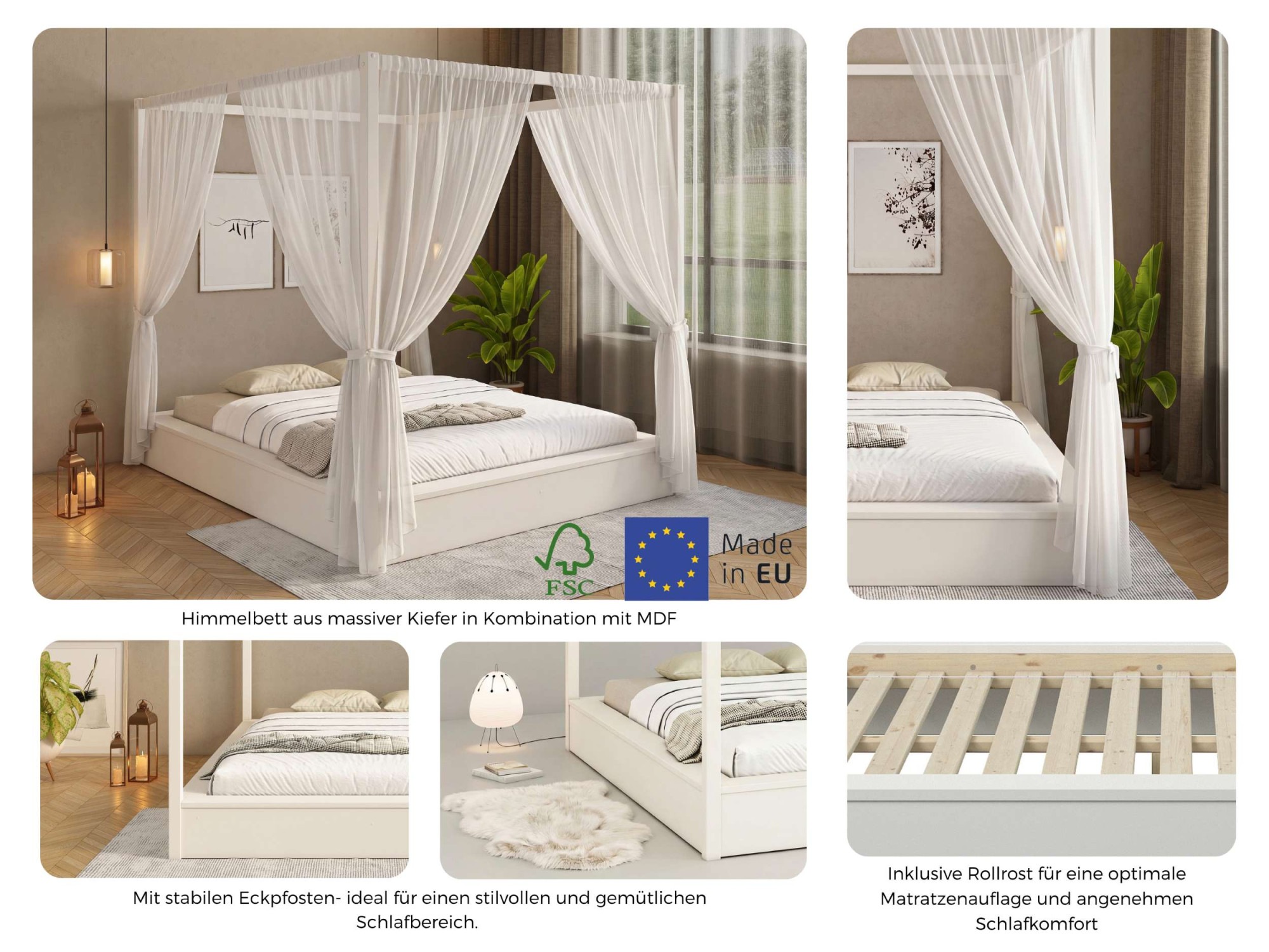OTTO home Himmelbett »Usella, Bett, Bettgestell, hohe Belastbarkeit bis 180 kg« B/T/H: 189/229,1/200 cm,  aus massiver Kiefer in Kombination mit MDF, inklusive Lattenrost