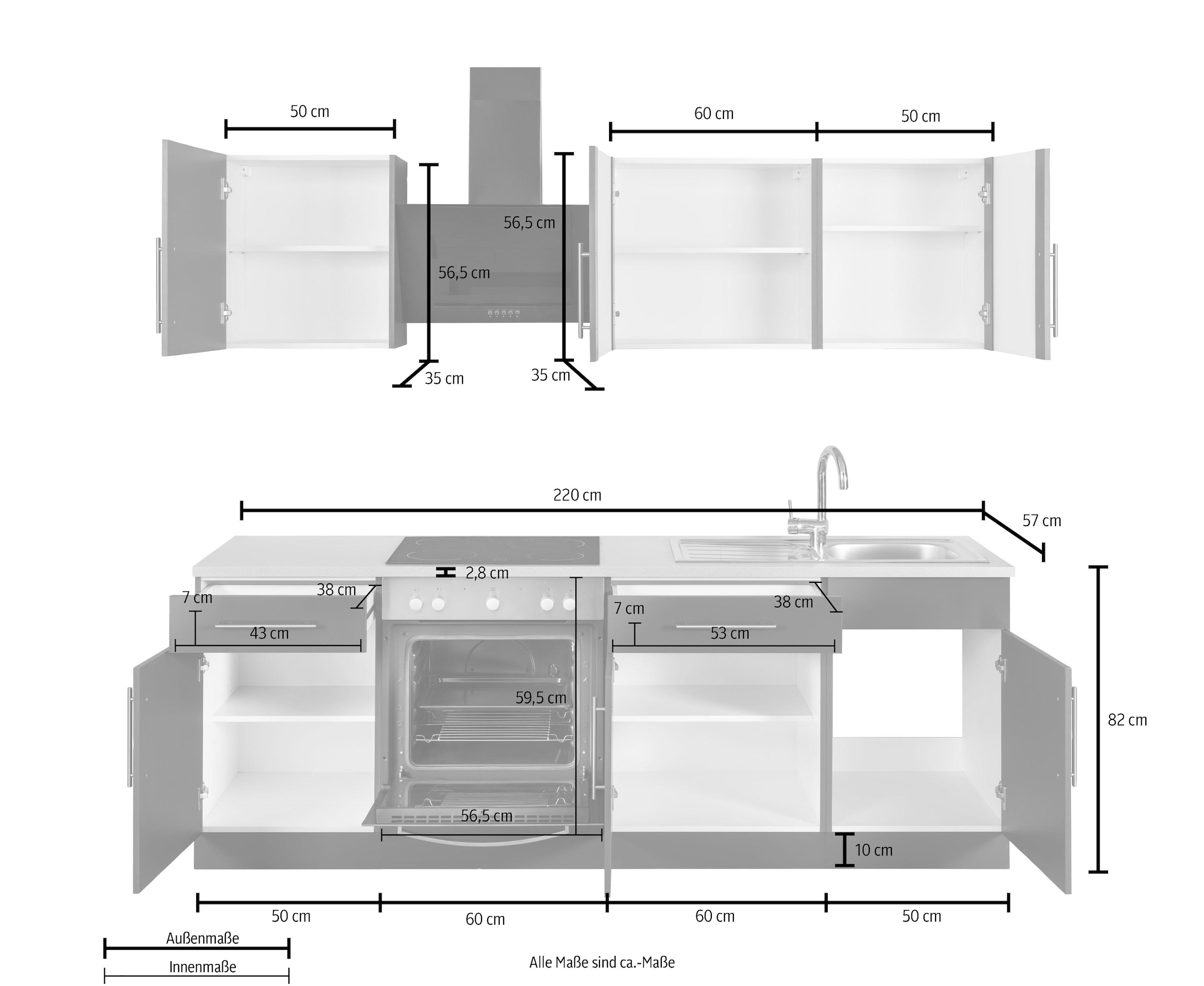 wiho Küchen Küchenzeile »Cali«, mit E-Geräten, Breite 220 cm