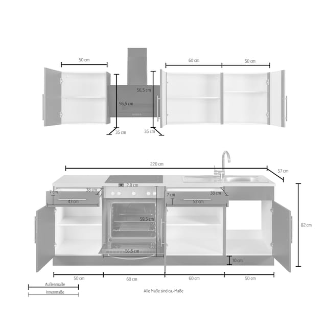 wiho Küchen Küchenzeile »Cali«, mit E-Geräten, Breite 220 cm bestellen |  BAUR