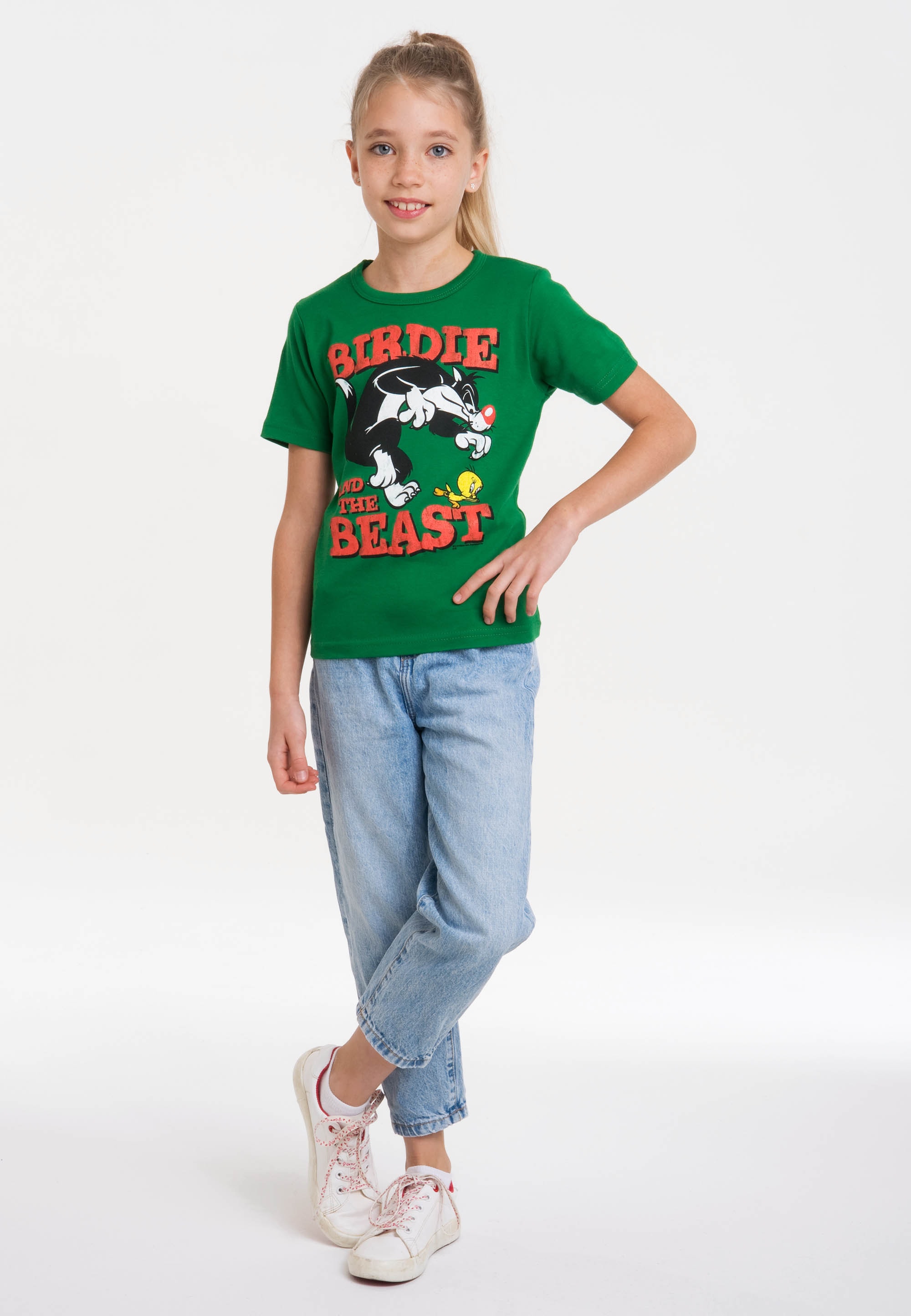 T-Shirt LOGOSHIRT "Looney Tunes - Sylvester & Tweety", Mädchen, Gr. 104, grün, 100% Baumwolle, bedruckt, normal, Rundhals, Shirts T-Shirt, mit lizenziertem Print