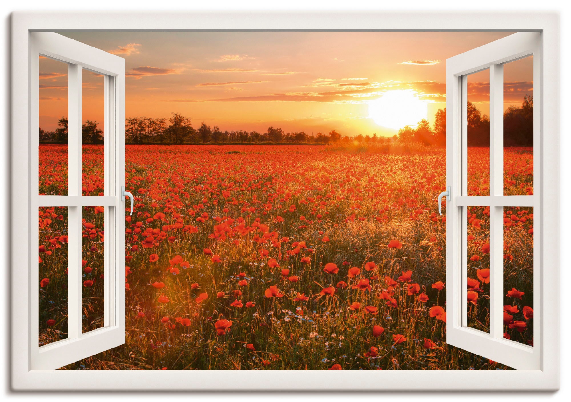 Artland Wandbild "Fensterblick Mohnblumenfeld" Blumen 1 Stk. tlg. als Leinw günstig online kaufen