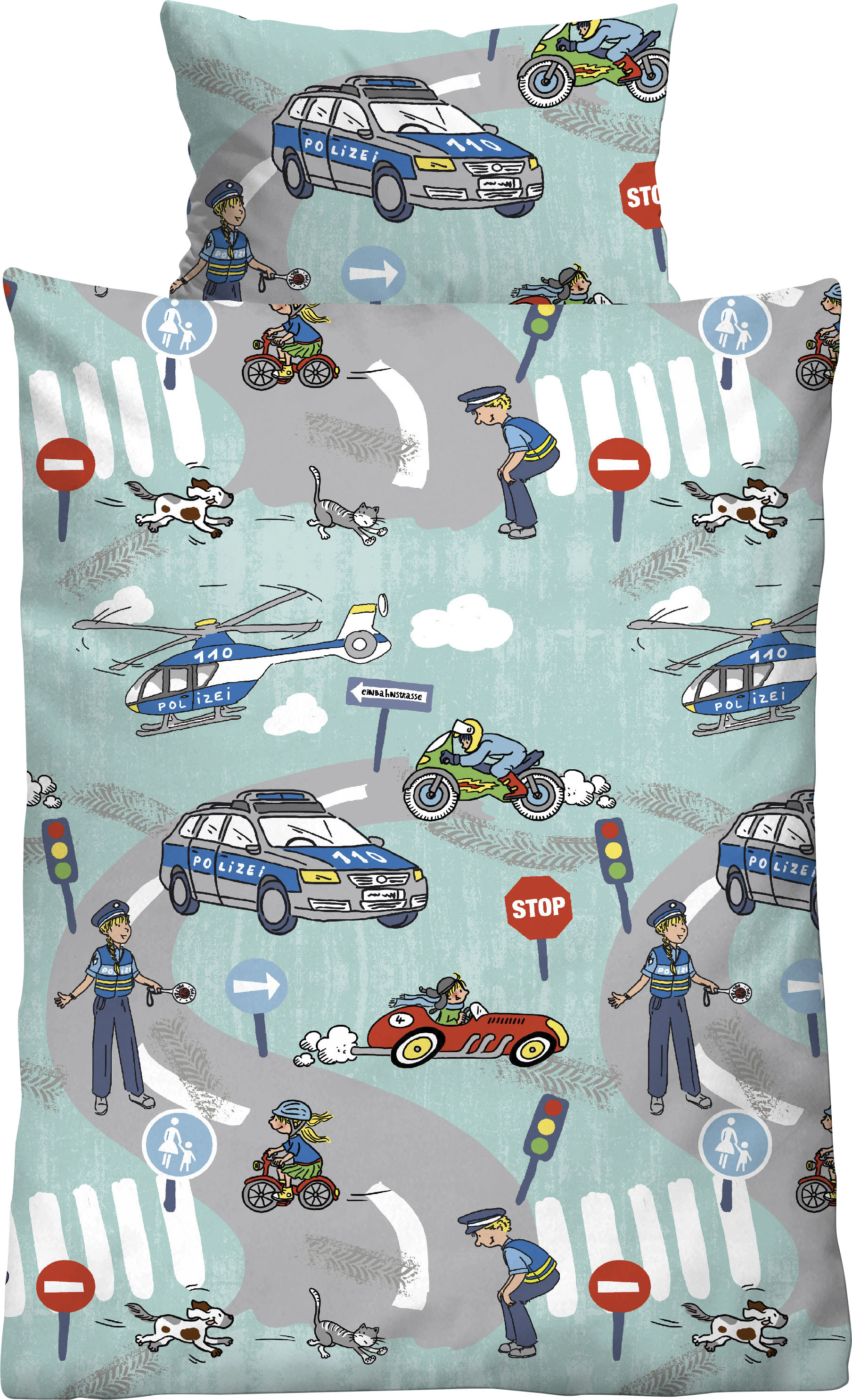 Biberna Kinderbettwäsche "Ela in Gr. 100x135 oder 135x200 cm, für Kinder, Polizei" 2 Stk. Biber, wärmend & weich, Reißverschluss, ab Größe 100 x 135 cm
