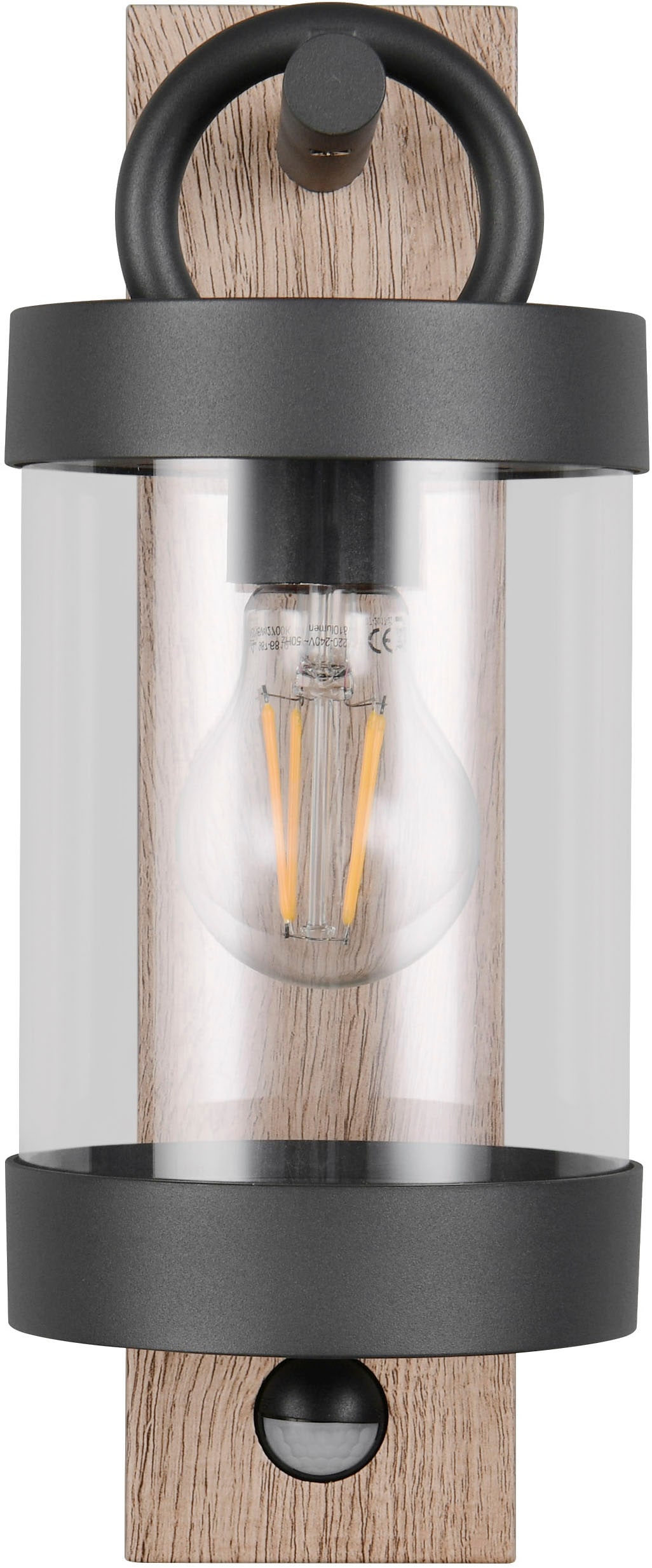 TRIO Leuchten Außen-Wandleuchte »SAMBESI, Laternen Optik Hauswand, exkl 1x E27 max 28W Bewegungsmelder«, 1 flammig, Leuchtmittel E27 | Leuchtmittel wechselbar, Fassadenbeleuchtung aus Alu Druckguss, Rückenplatte Holz Nachbildung